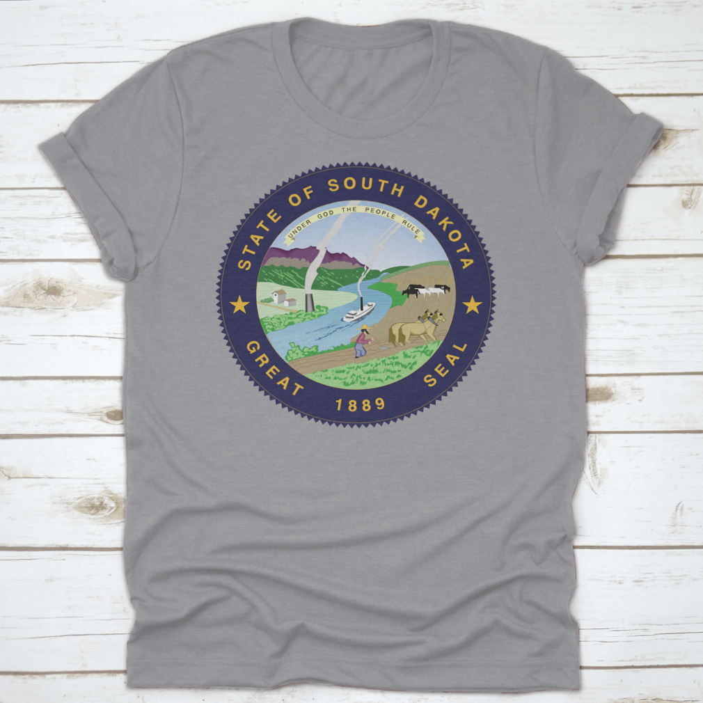 A stylish South Dakota State Flag Seal Love Heart shirt made from 100% cotton, featuring a unique heart design that showcases state pride.