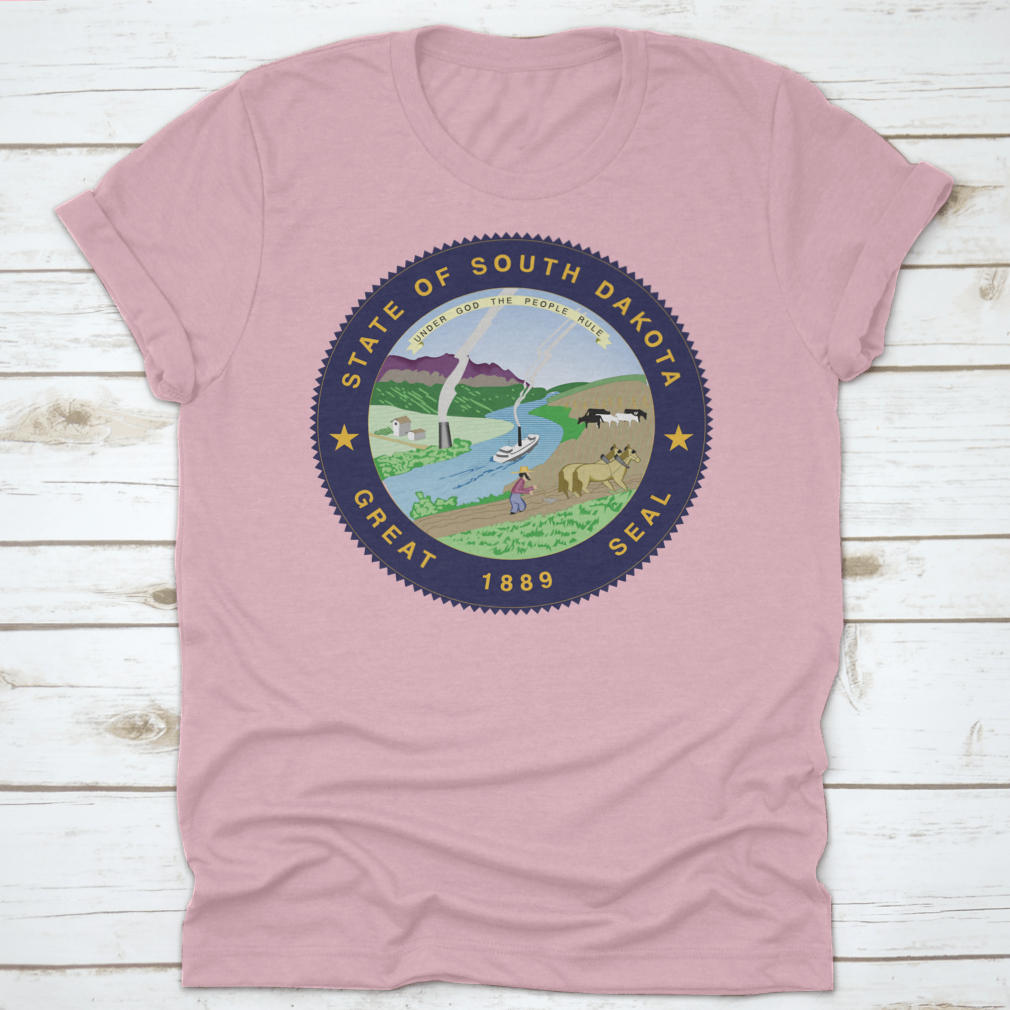 A stylish South Dakota State Flag Seal Love Heart shirt made from 100% cotton, featuring a unique heart design that showcases state pride.