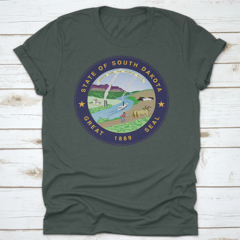 A stylish South Dakota State Flag Seal Love Heart shirt made from 100% cotton, featuring a unique heart design that showcases state pride.