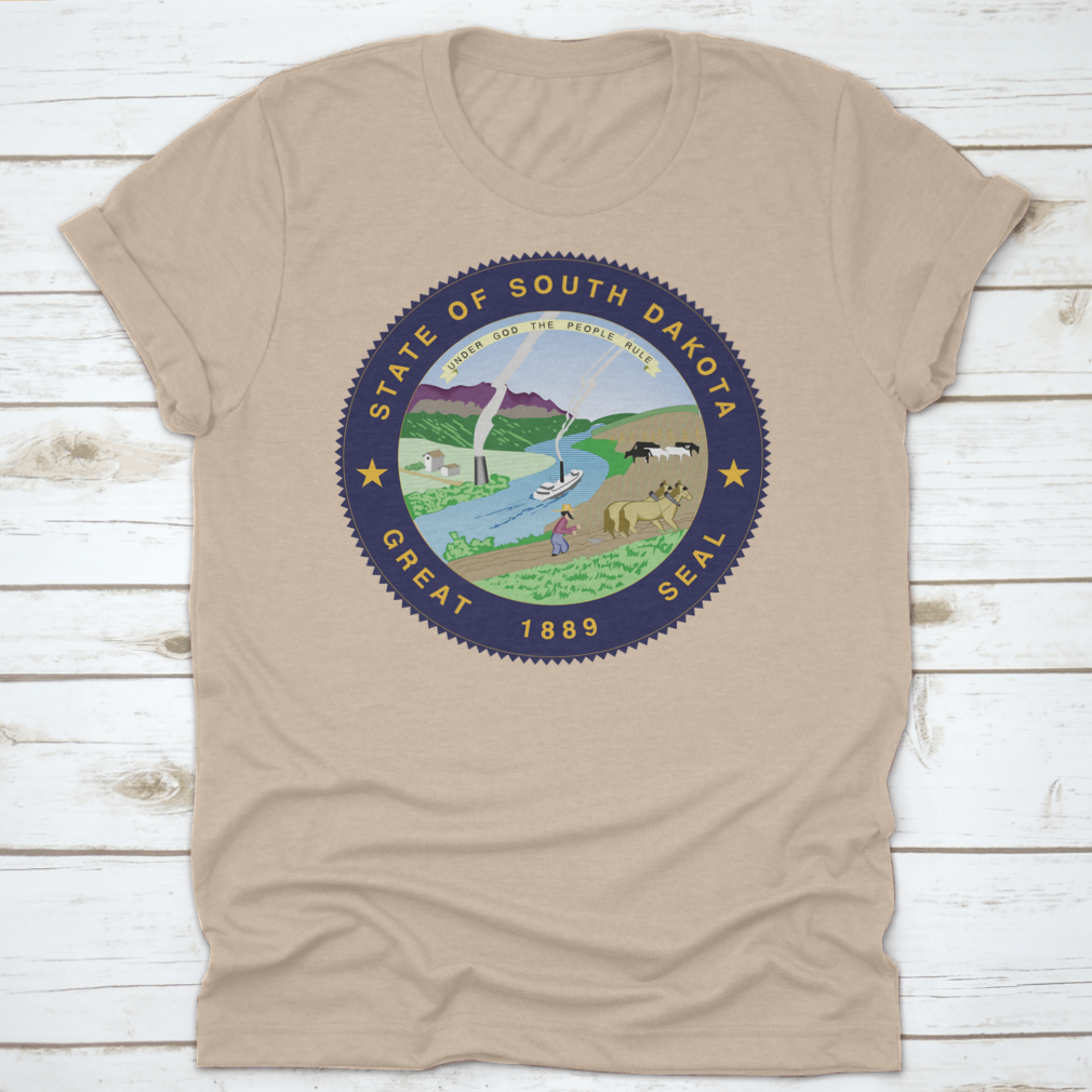 A stylish South Dakota State Flag Seal Love Heart shirt made from 100% cotton, featuring a unique heart design that showcases state pride.