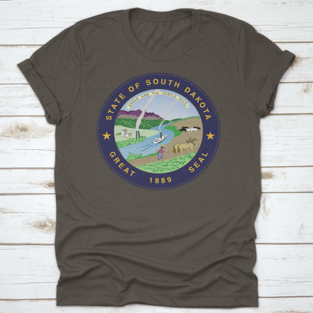 A stylish South Dakota State Flag Seal Love Heart shirt made from 100% cotton, featuring a unique heart design that showcases state pride.