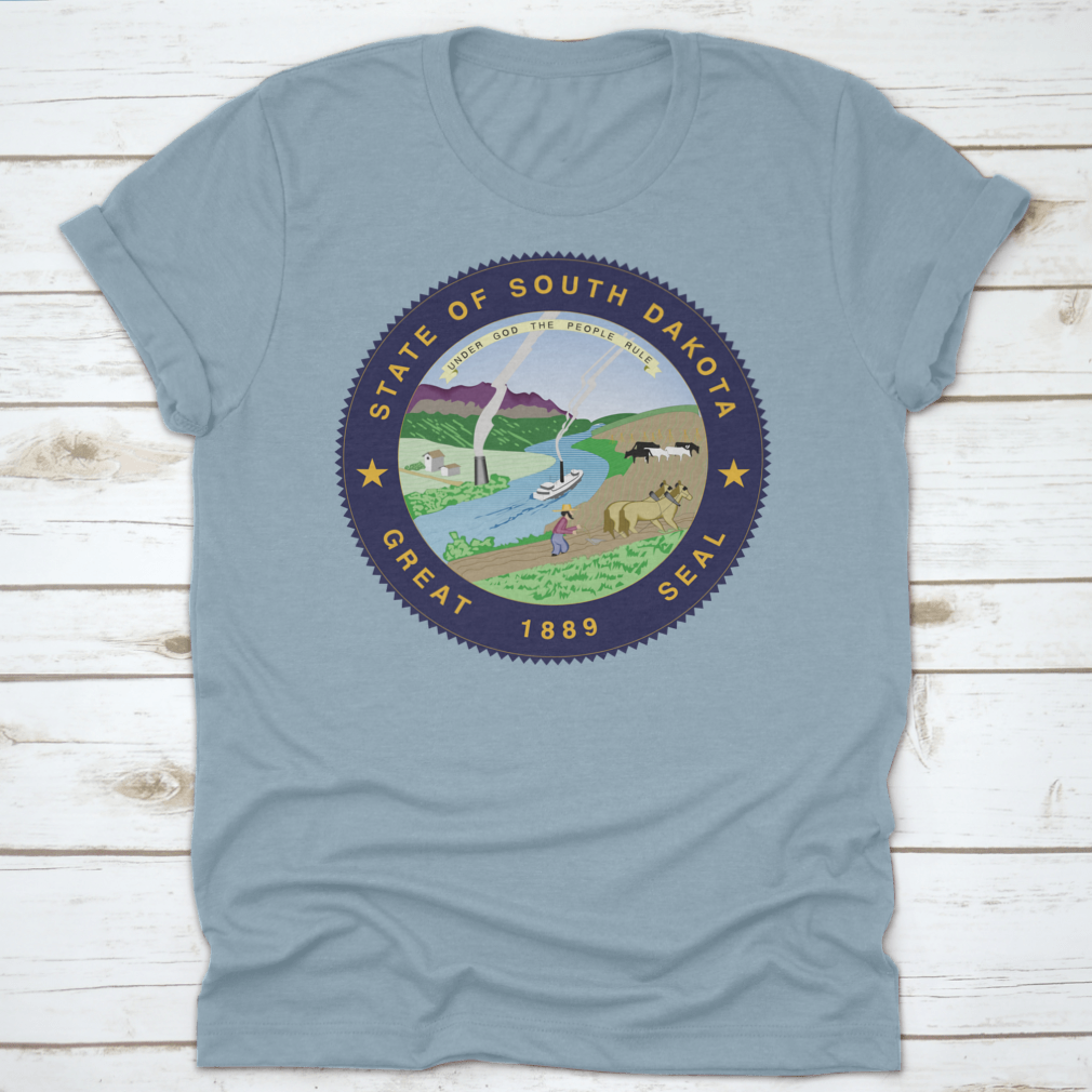 A stylish South Dakota State Flag Seal Love Heart shirt made from 100% cotton, featuring a unique heart design that showcases state pride.