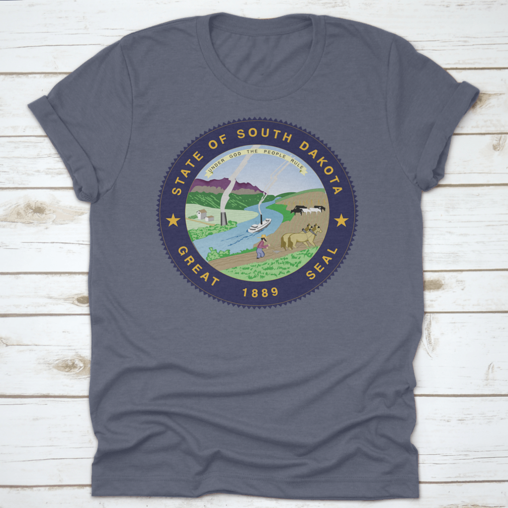 A stylish South Dakota State Flag Seal Love Heart shirt made from 100% cotton, featuring a unique heart design that showcases state pride.