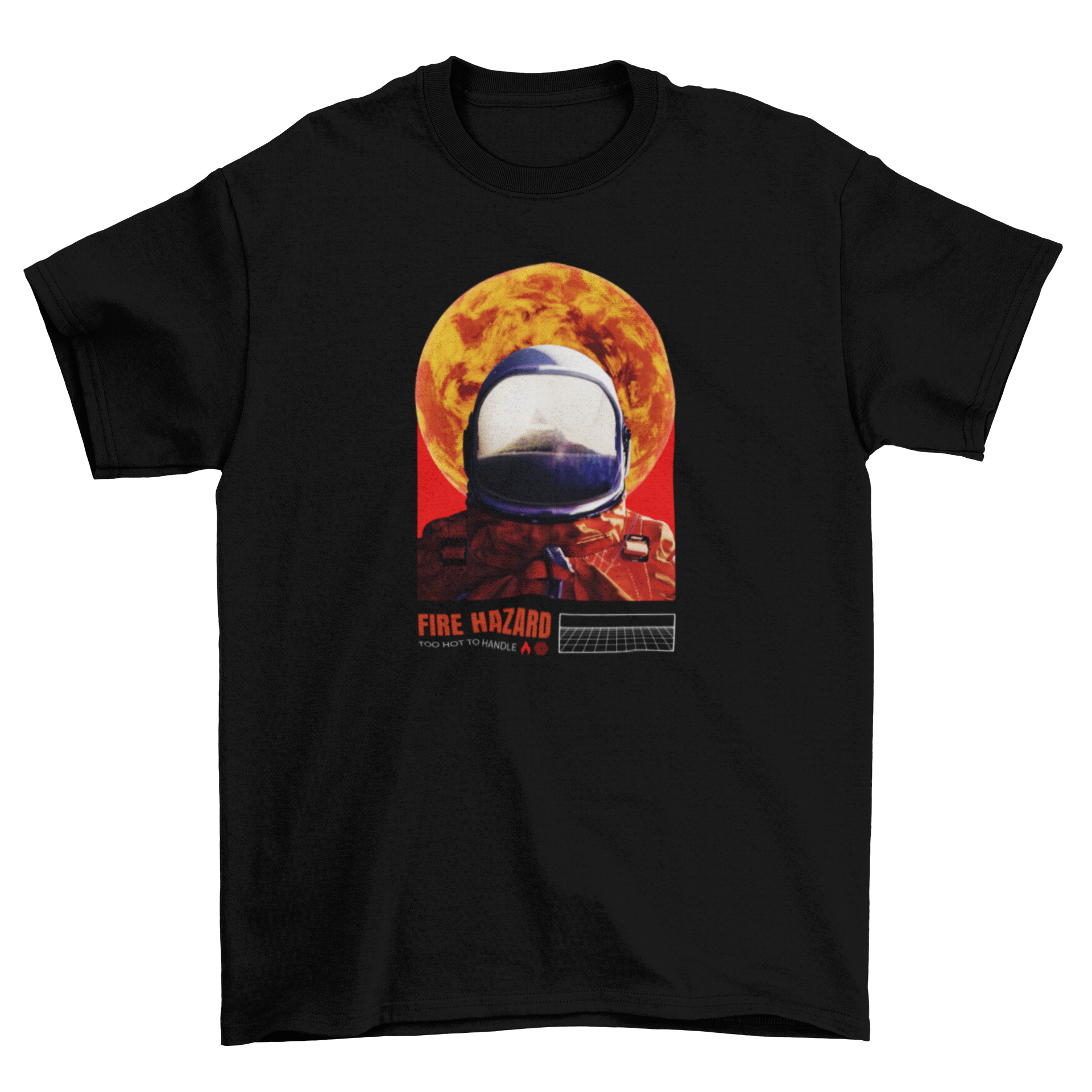 A stylish t-shirt featuring an astronaut against the moon with the quote 'Fire hazard' in bold letters.