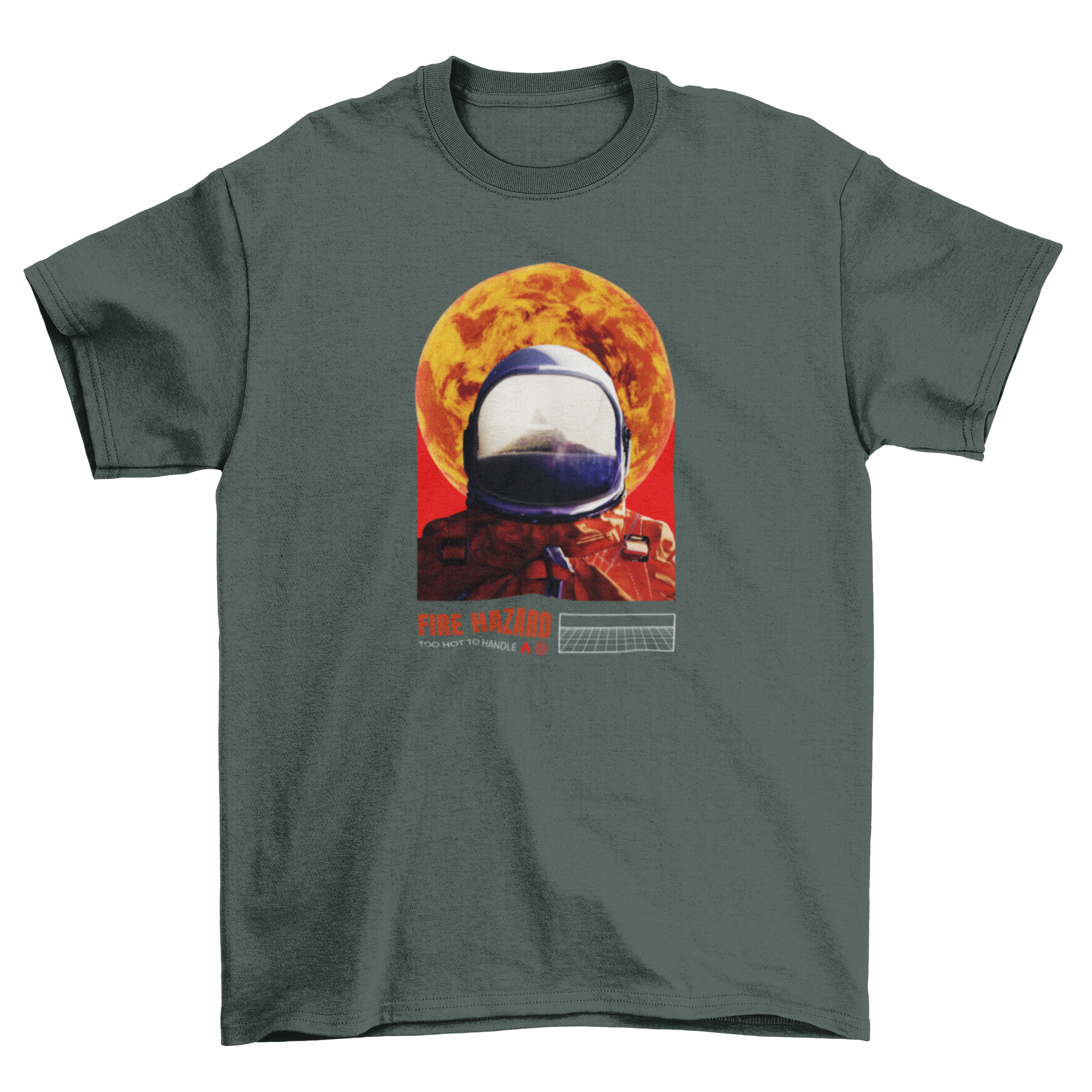 A stylish t-shirt featuring an astronaut against the moon with the quote 'Fire hazard' in bold letters.