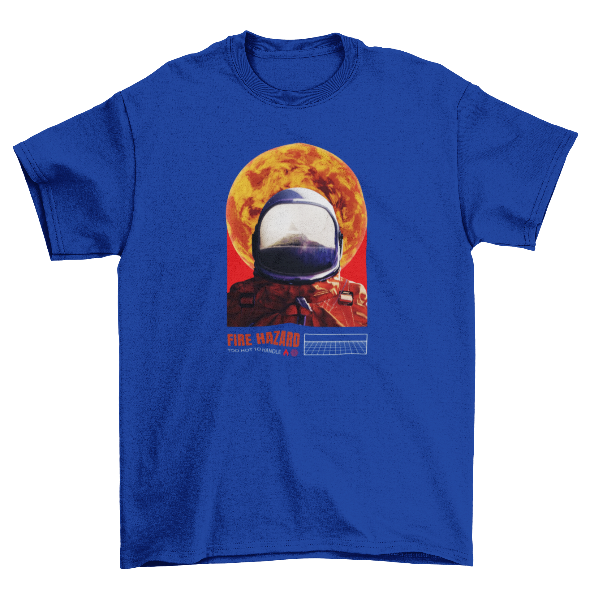 A stylish t-shirt featuring an astronaut against the moon with the quote 'Fire hazard' in bold letters.