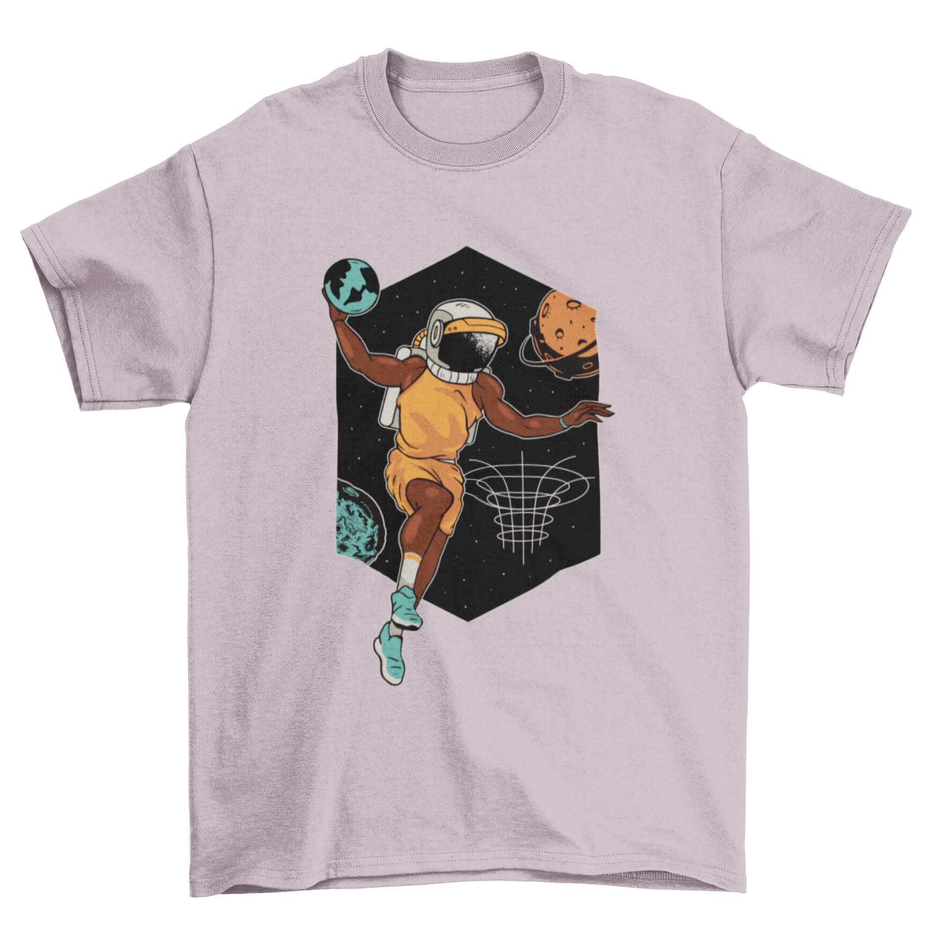 A vibrant t-shirt design featuring an astronaut playing basketball in space, surrounded by stars and planets.