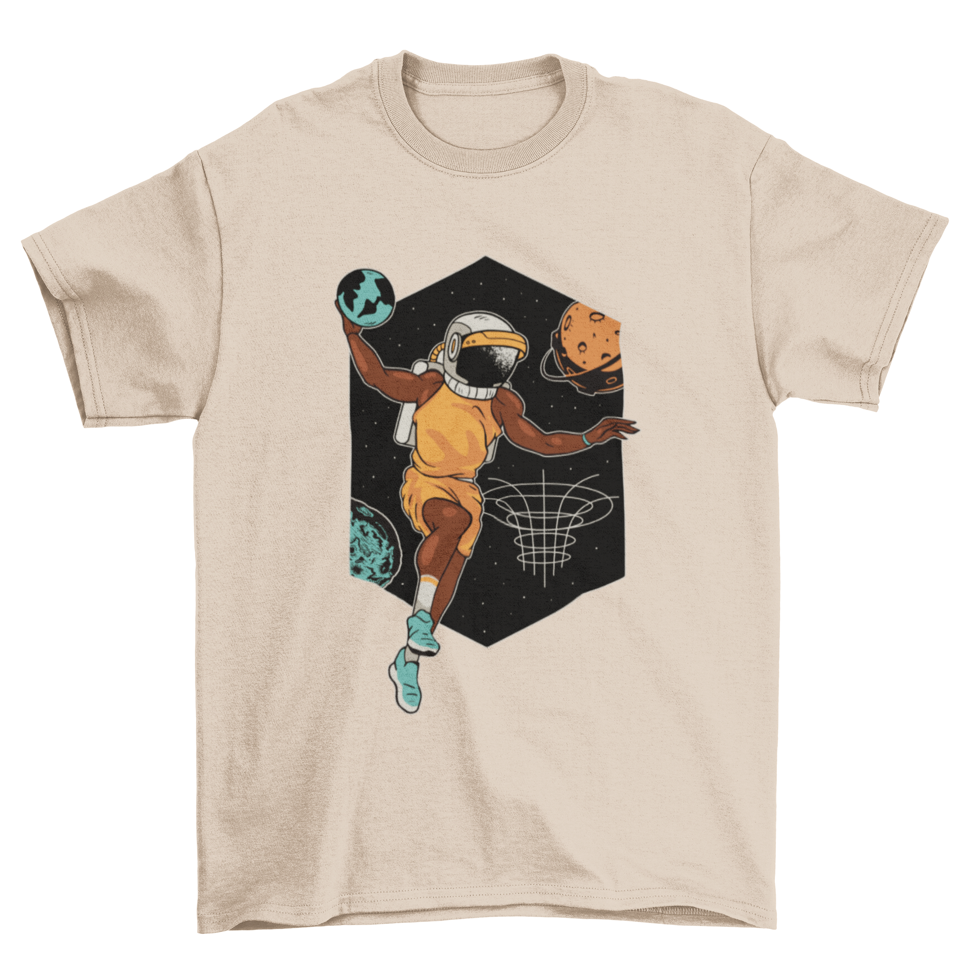A vibrant t-shirt design featuring an astronaut playing basketball in space, surrounded by stars and planets.
