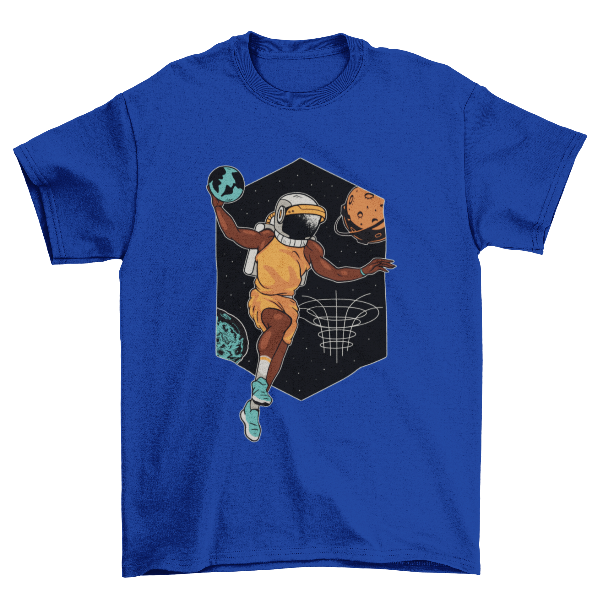 A vibrant t-shirt design featuring an astronaut playing basketball in space, surrounded by stars and planets.