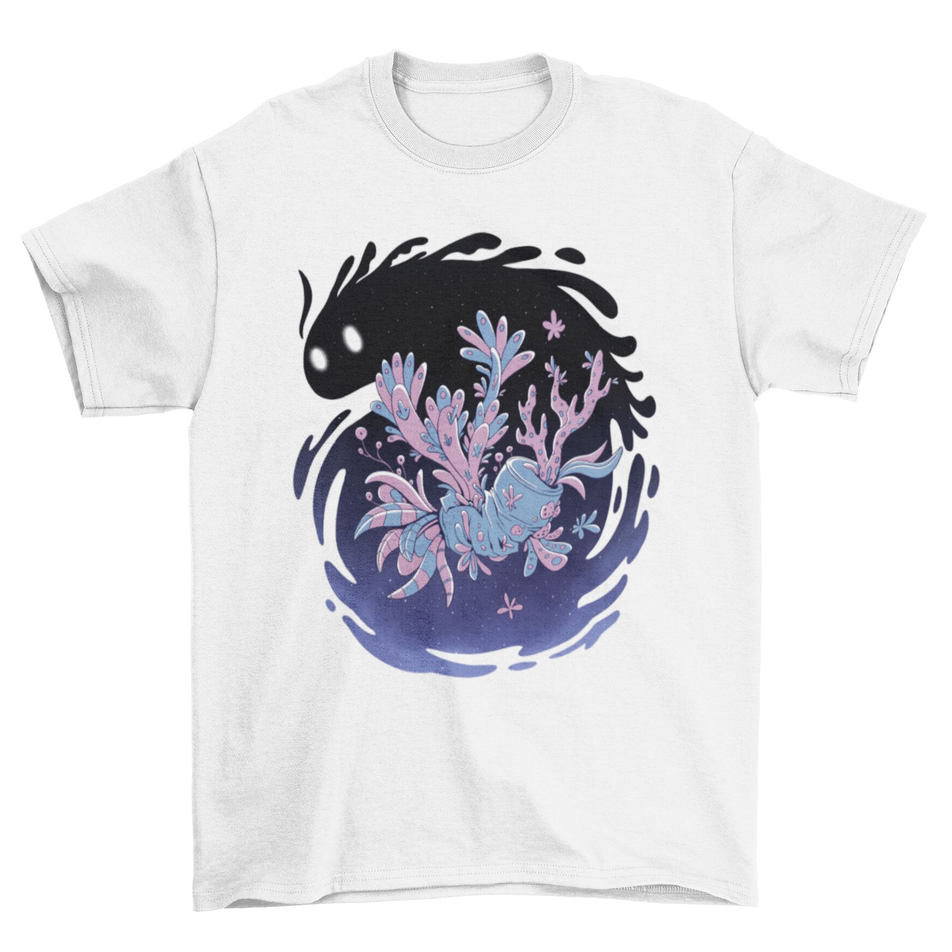 A colorful t-shirt featuring a whimsical floral monster holding a can, showcasing a unique and artistic design.