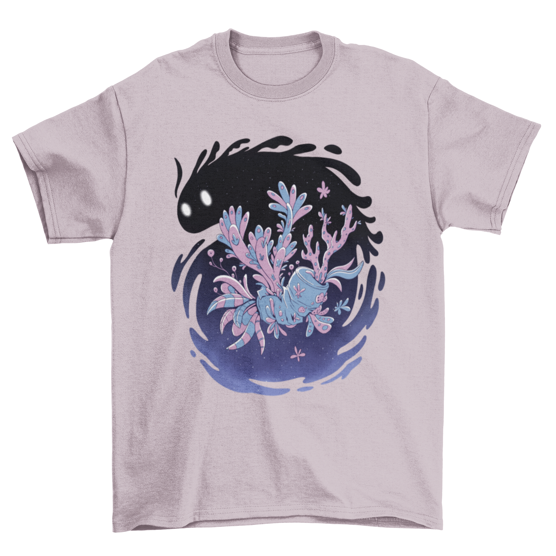 A colorful t-shirt featuring a whimsical floral monster holding a can, showcasing a unique and artistic design.