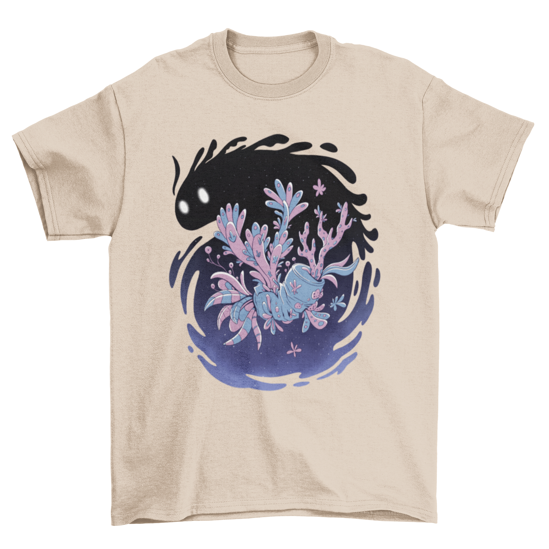 A colorful t-shirt featuring a whimsical floral monster holding a can, showcasing a unique and artistic design.