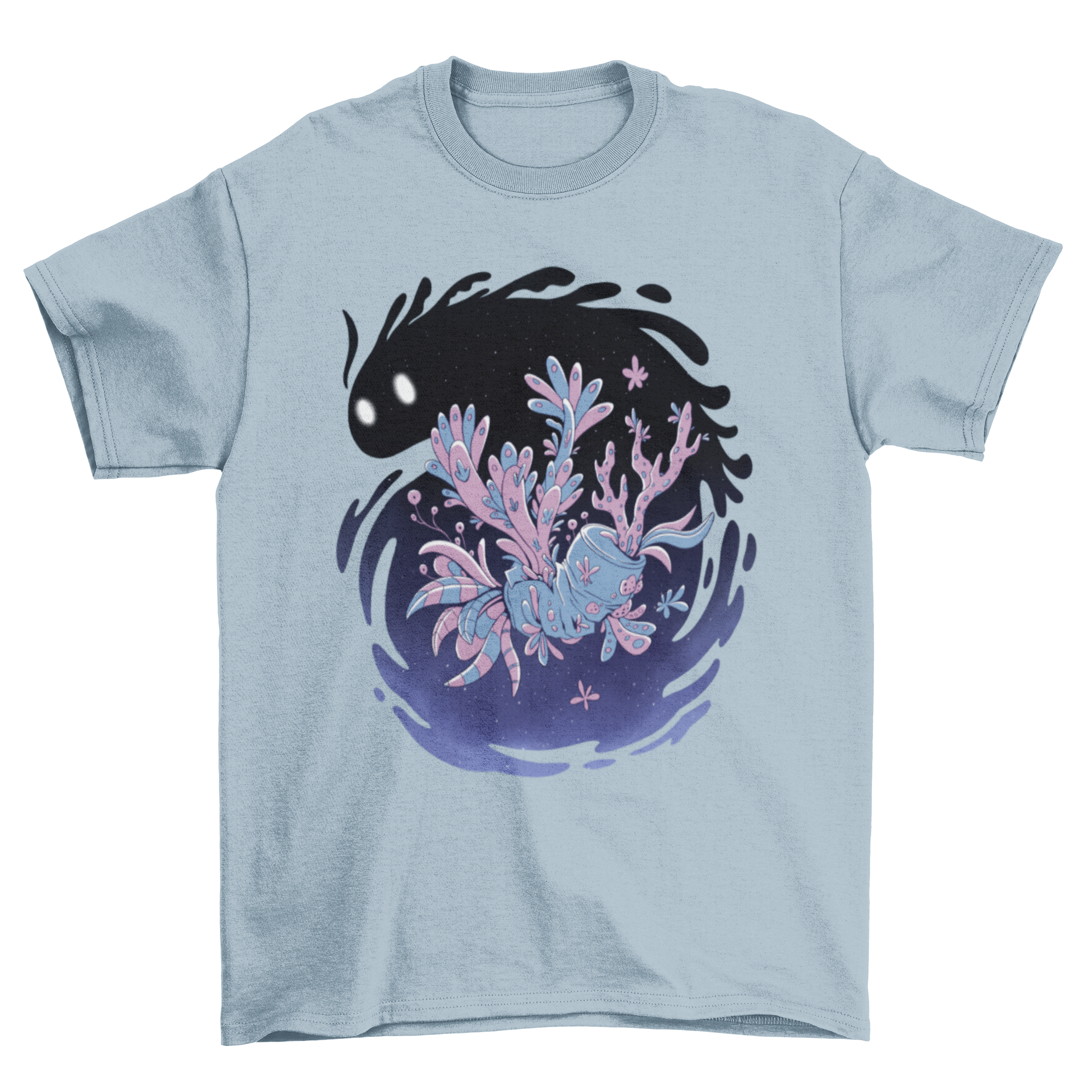 A colorful t-shirt featuring a whimsical floral monster holding a can, showcasing a unique and artistic design.