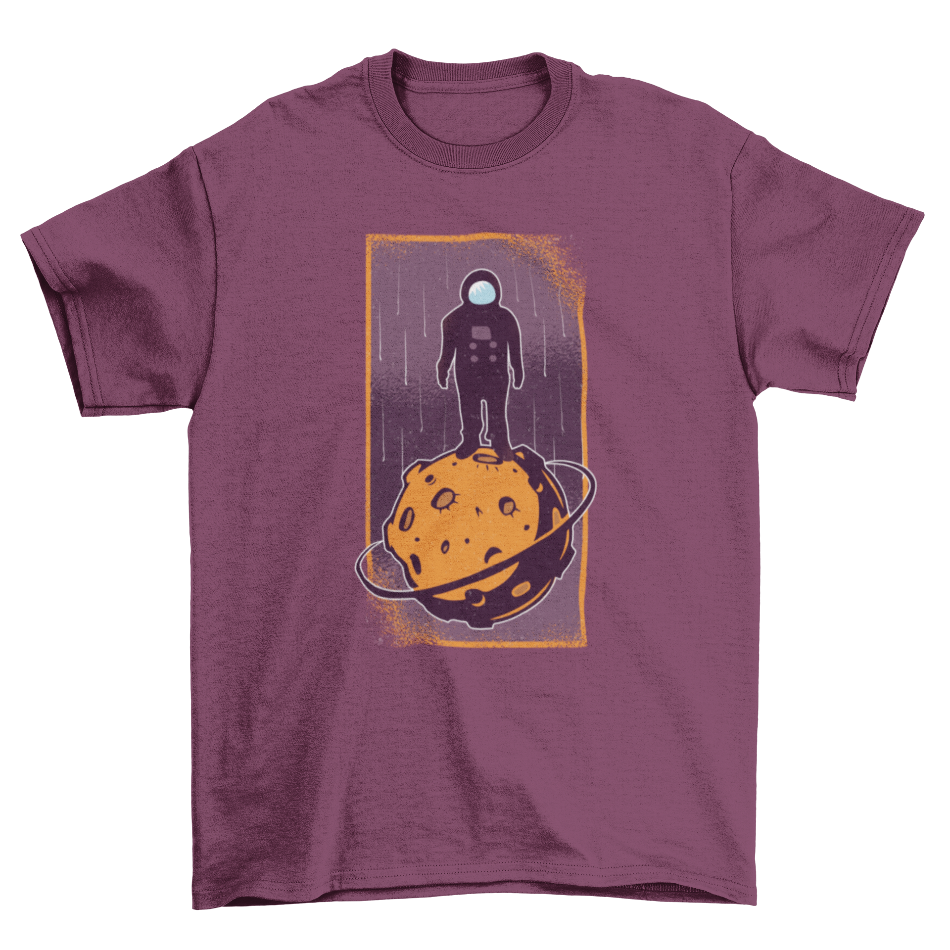 Space Conqueror T-Shirt featuring an astronaut on an asteroid with shooting stars in the background.