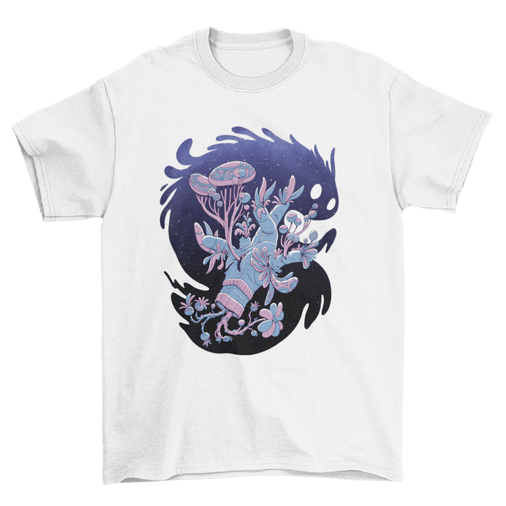 A stylish Space Hand T-Shirt featuring an abstract hand design in space with floral elements, perfect for cosmic art lovers.