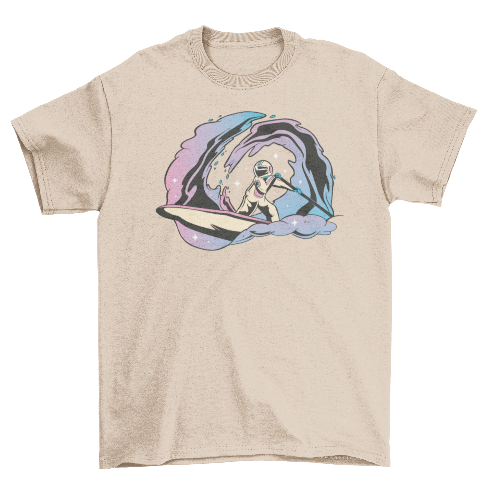 A stylish T-shirt featuring an astronaut paddleboarding in space, showcasing a unique and adventurous design.