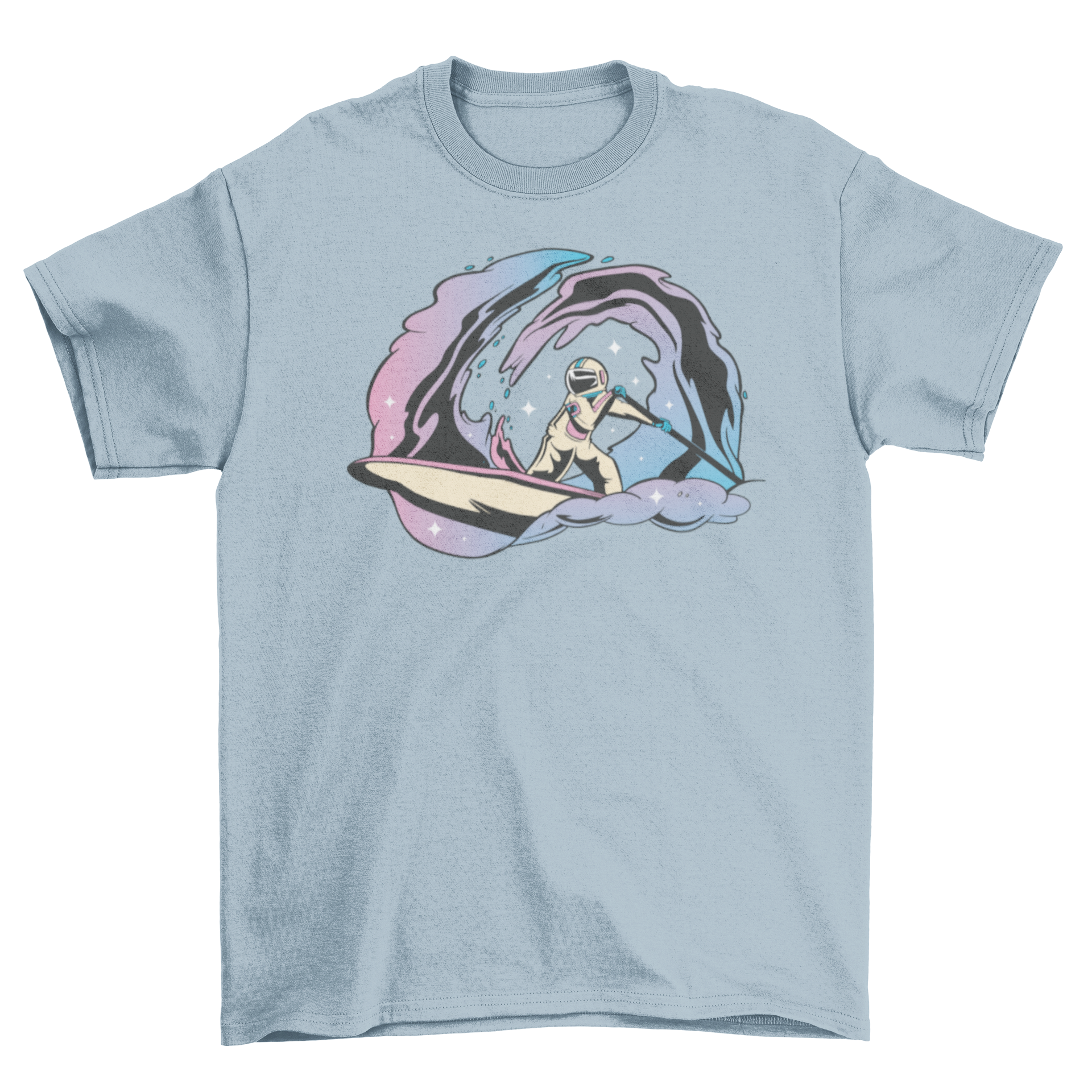 A stylish T-shirt featuring an astronaut paddleboarding in space, showcasing a unique and adventurous design.