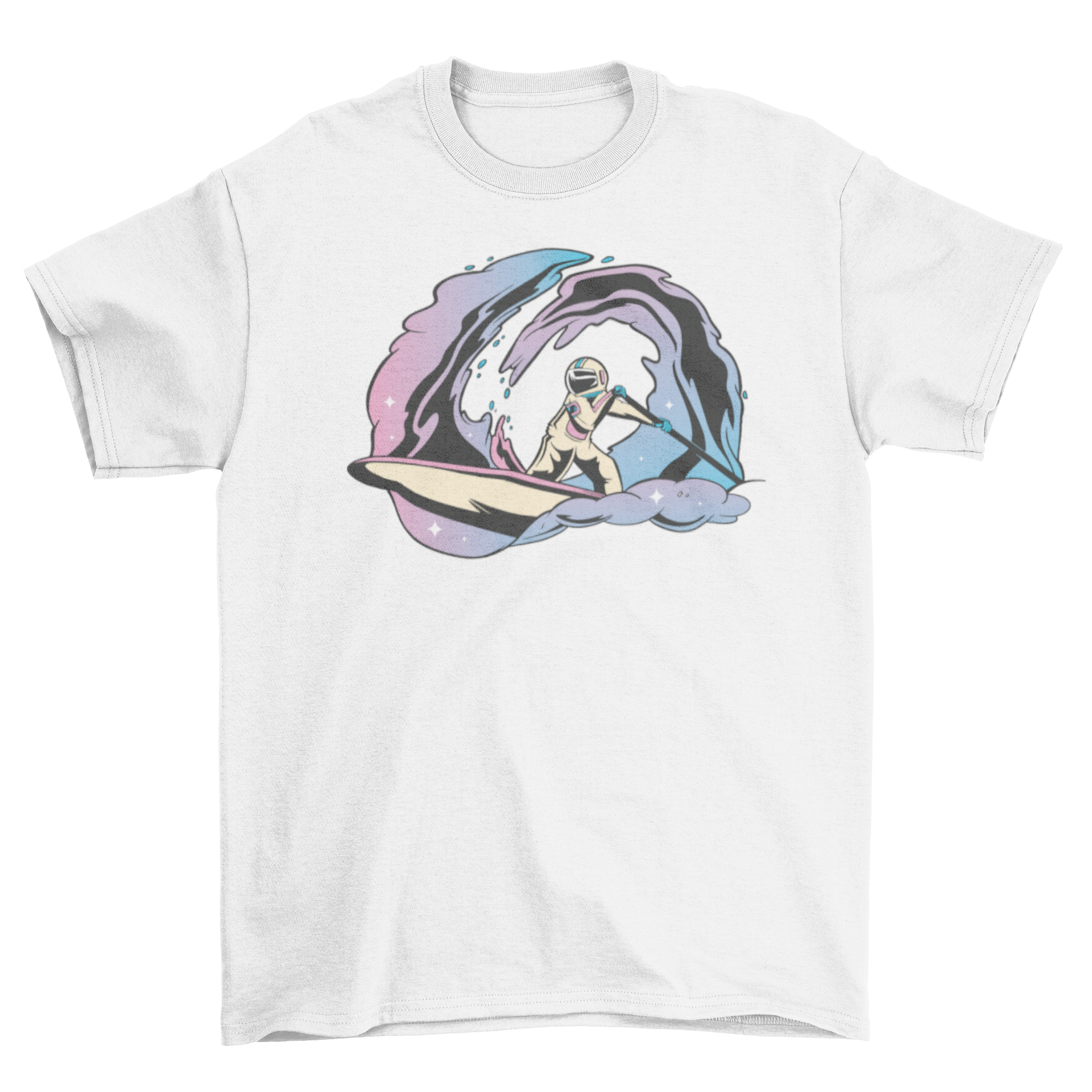 A stylish T-shirt featuring an astronaut paddleboarding in space, showcasing a unique and adventurous design.