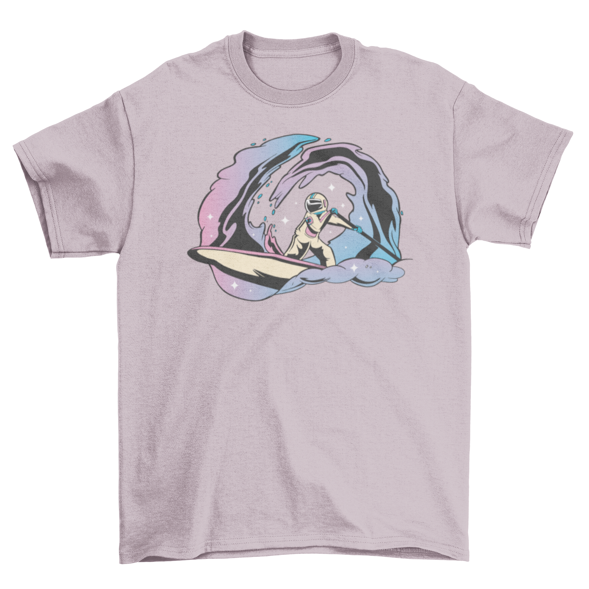 A stylish T-shirt featuring an astronaut paddleboarding in space, showcasing a unique and adventurous design.