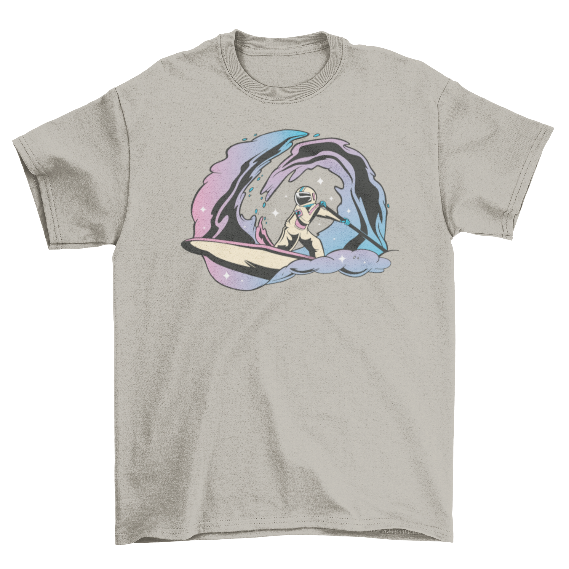 A stylish T-shirt featuring an astronaut paddleboarding in space, showcasing a unique and adventurous design.