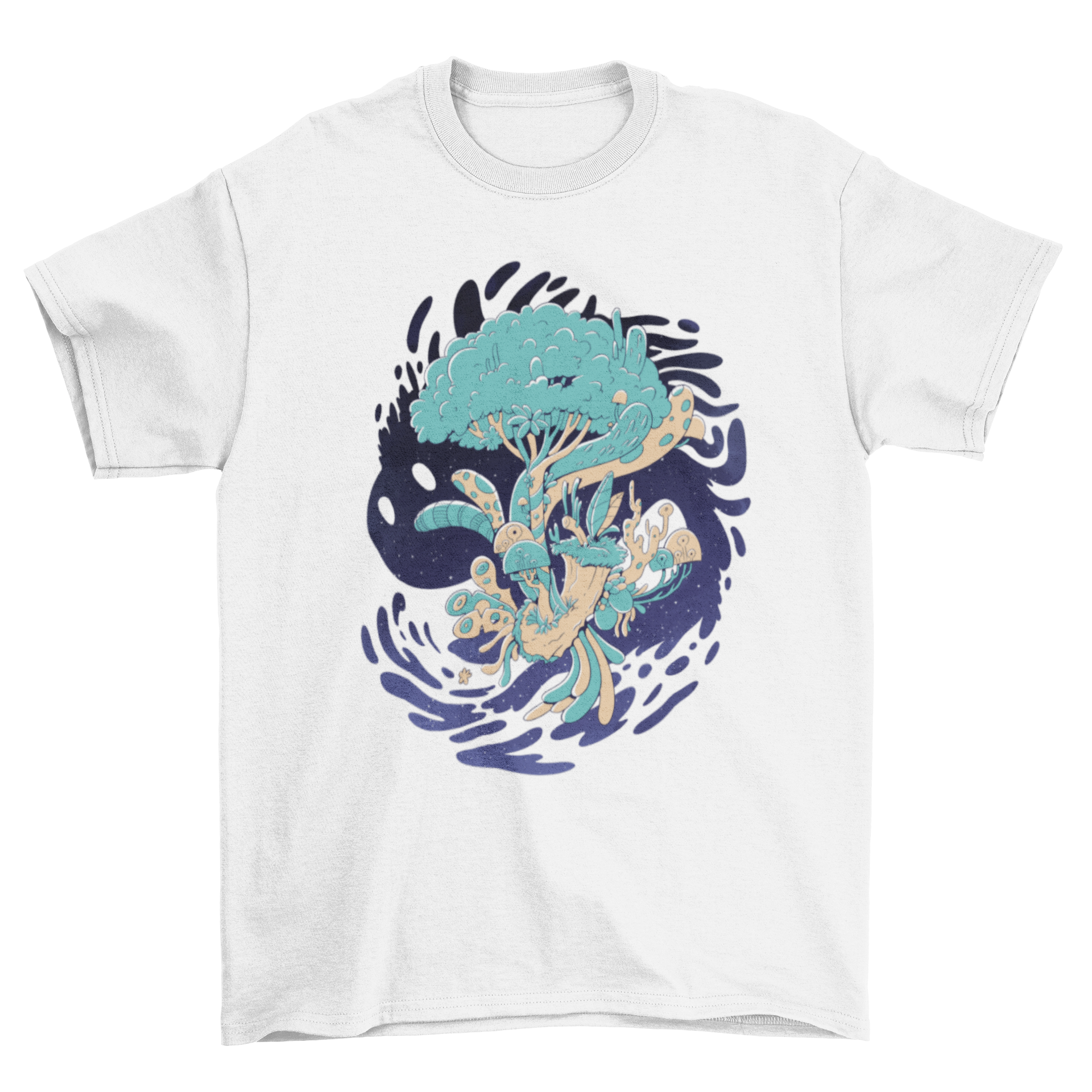 A vibrant t-shirt featuring an abstract tree in space with floral elements, showcasing a unique blend of nature and cosmic design.