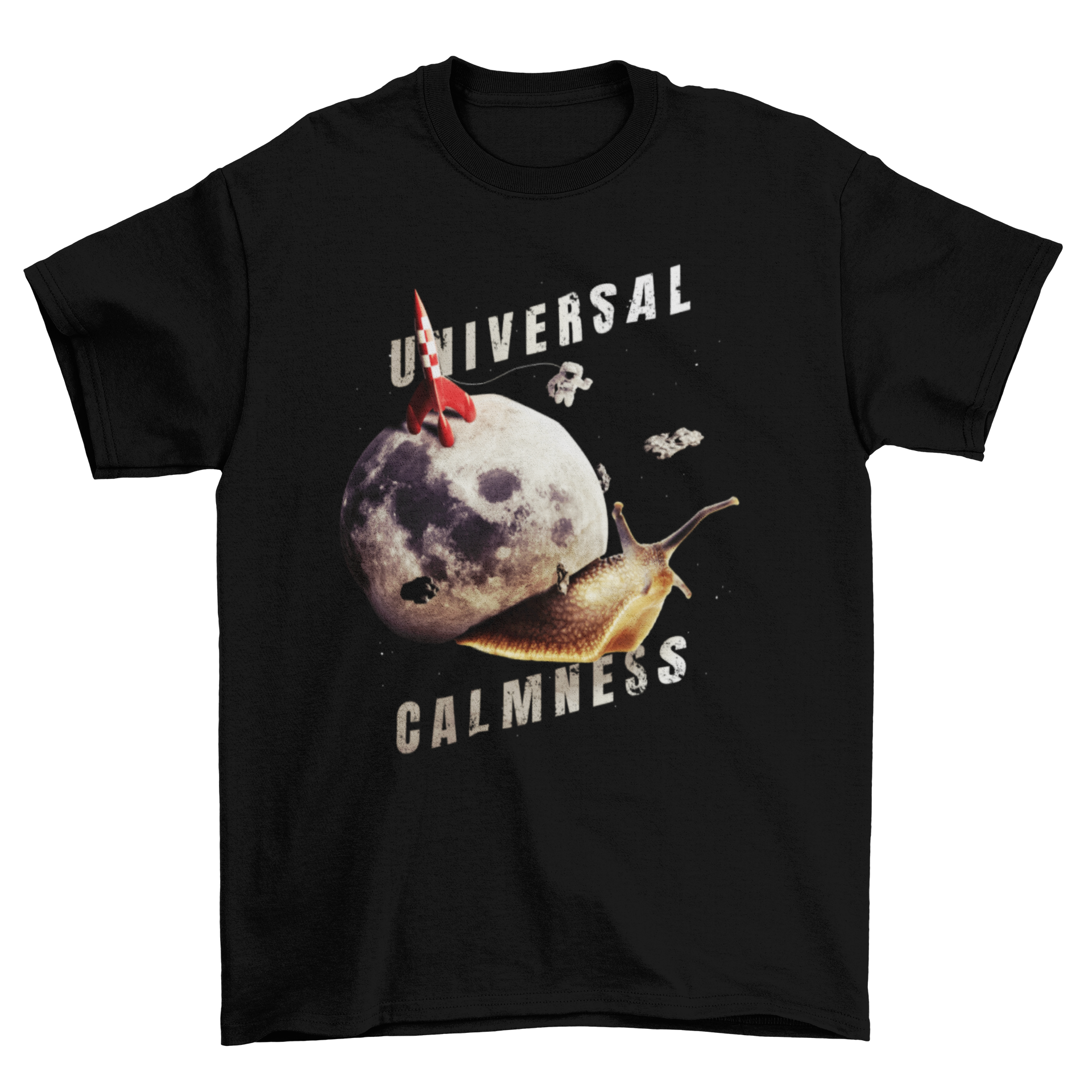 A colorful t-shirt featuring a collage of a snail with space elements and the quote 'Universal calmness'.