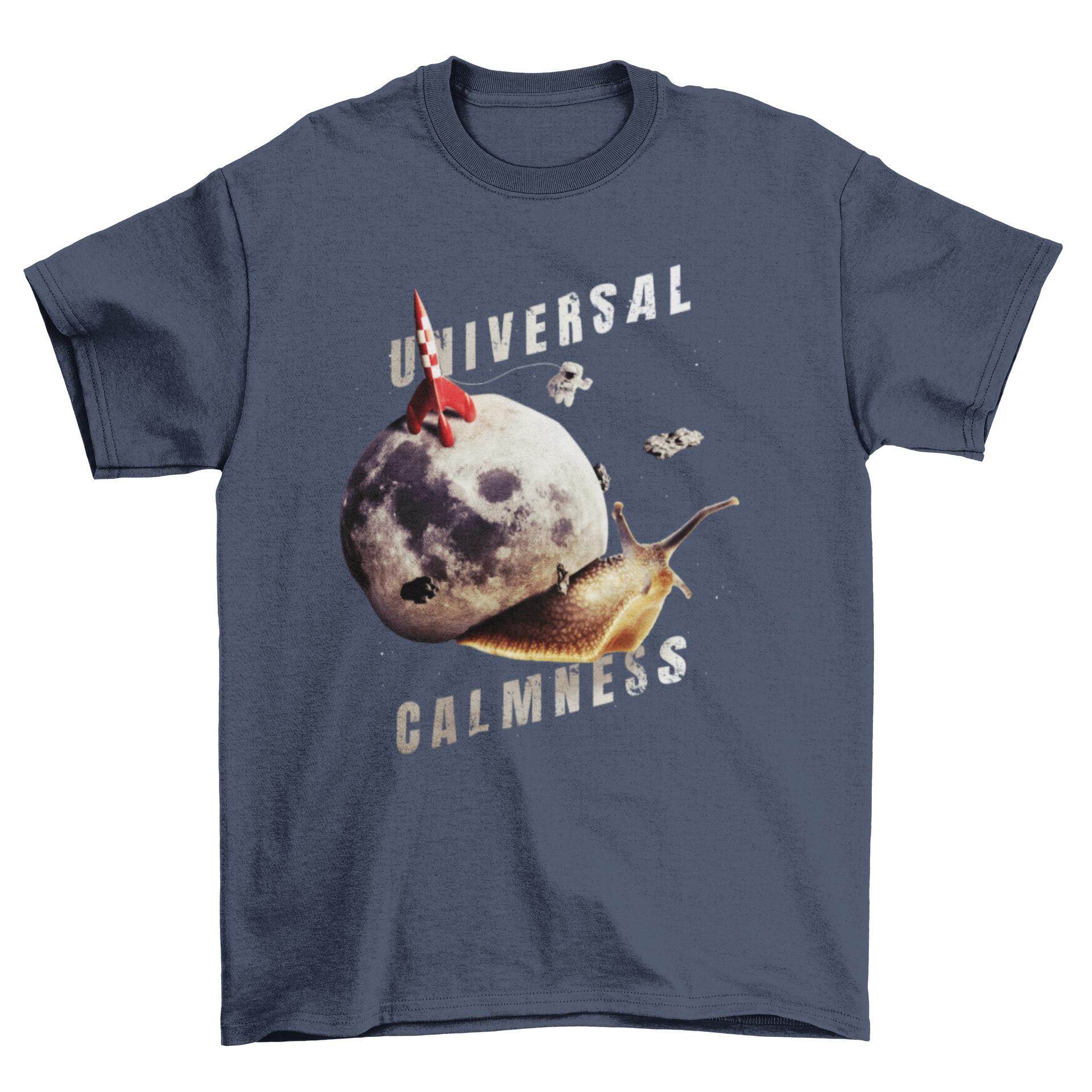 A colorful t-shirt featuring a collage of a snail with space elements and the quote 'Universal calmness'.