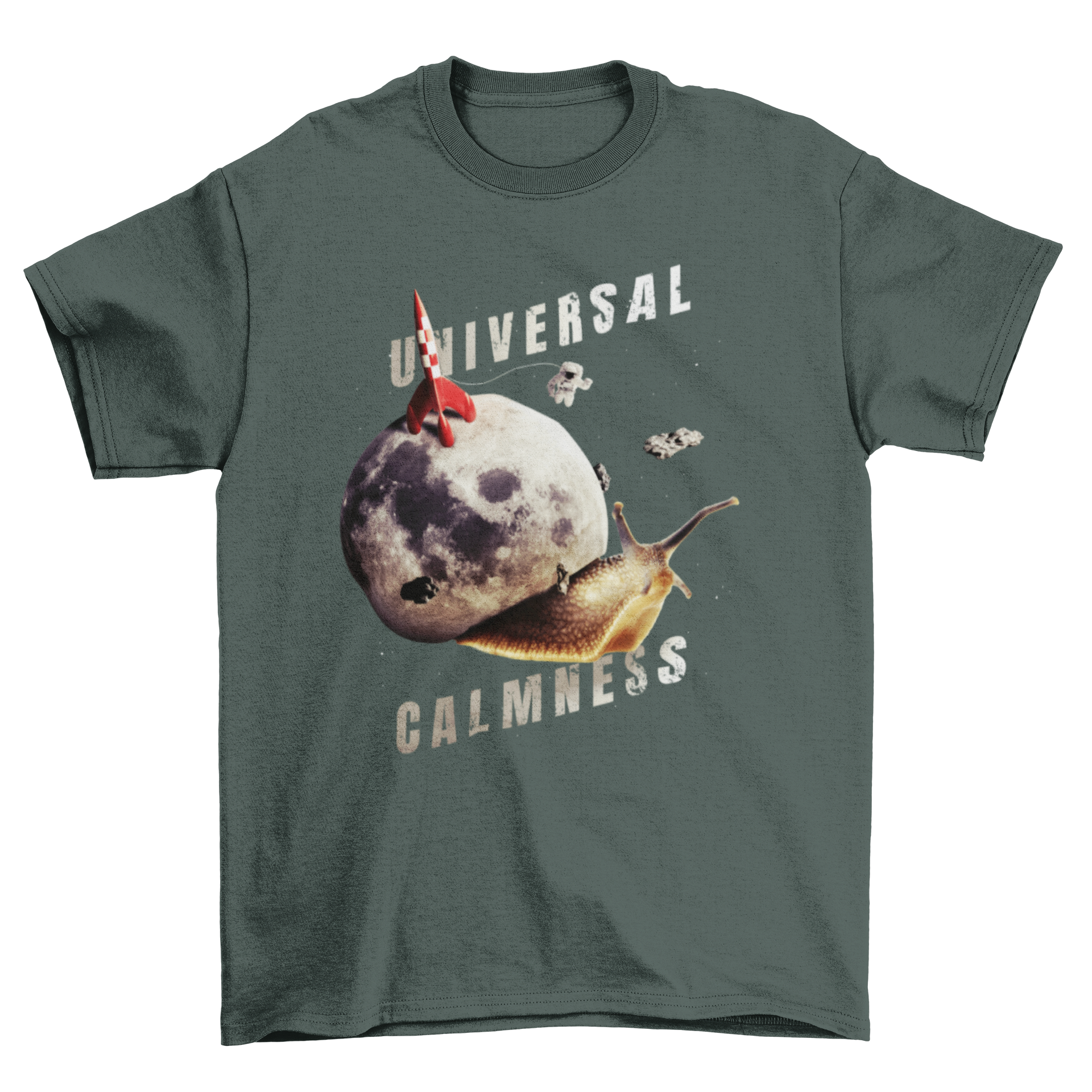 A colorful t-shirt featuring a collage of a snail with space elements and the quote 'Universal calmness'.