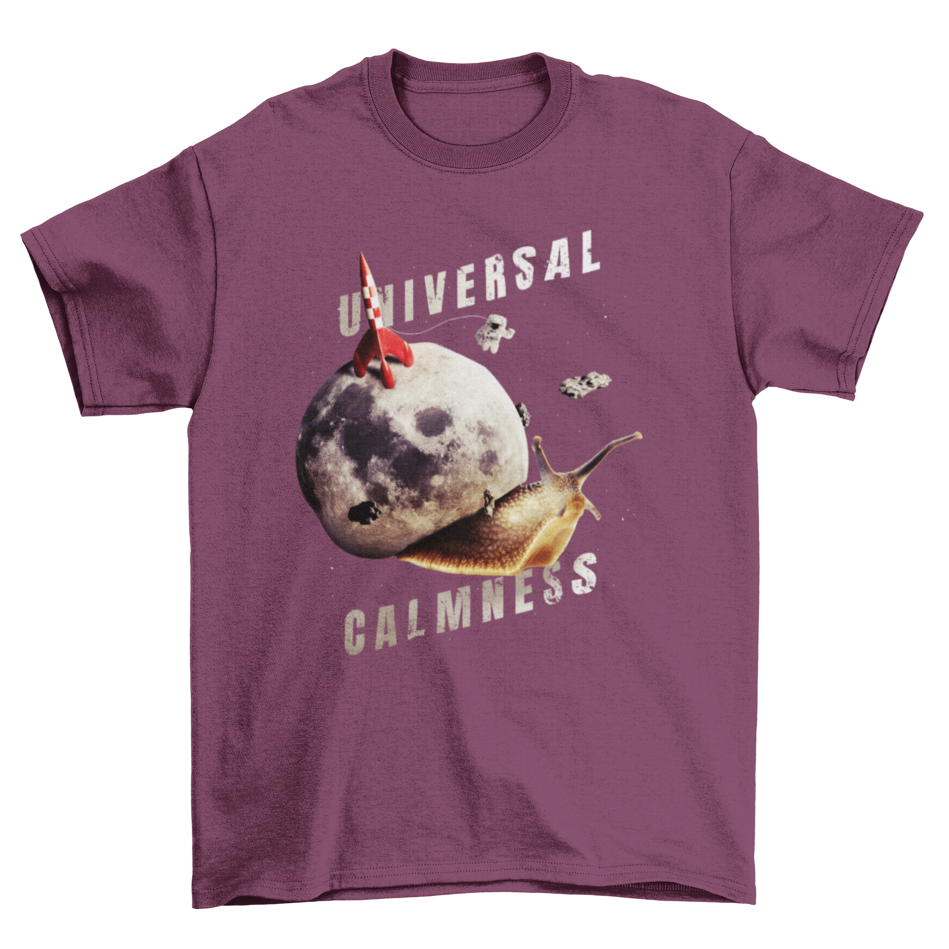 A colorful t-shirt featuring a collage of a snail with space elements and the quote 'Universal calmness'.