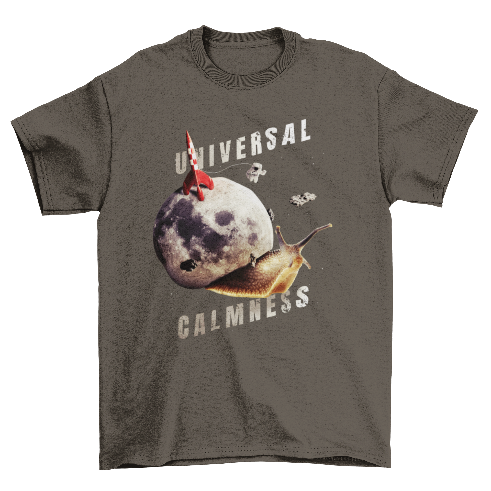 A colorful t-shirt featuring a collage of a snail with space elements and the quote 'Universal calmness'.
