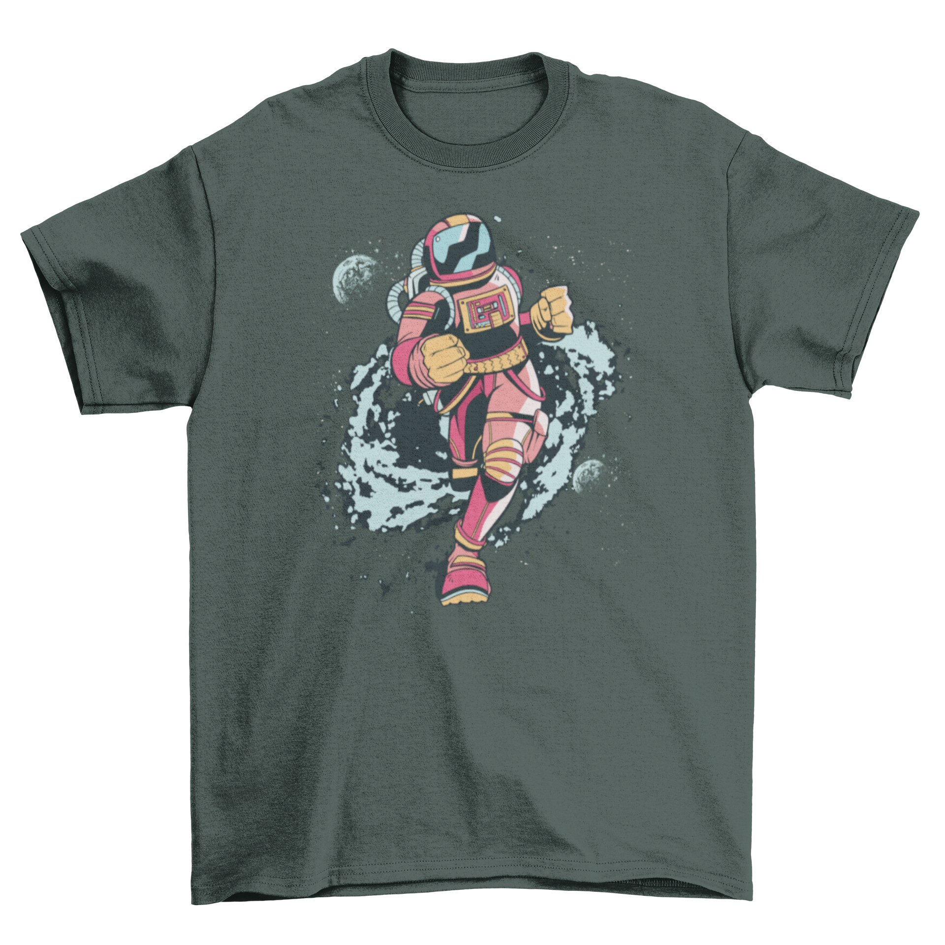 Spaceman Runner T-shirt featuring a spaceman running through a colorful space background.