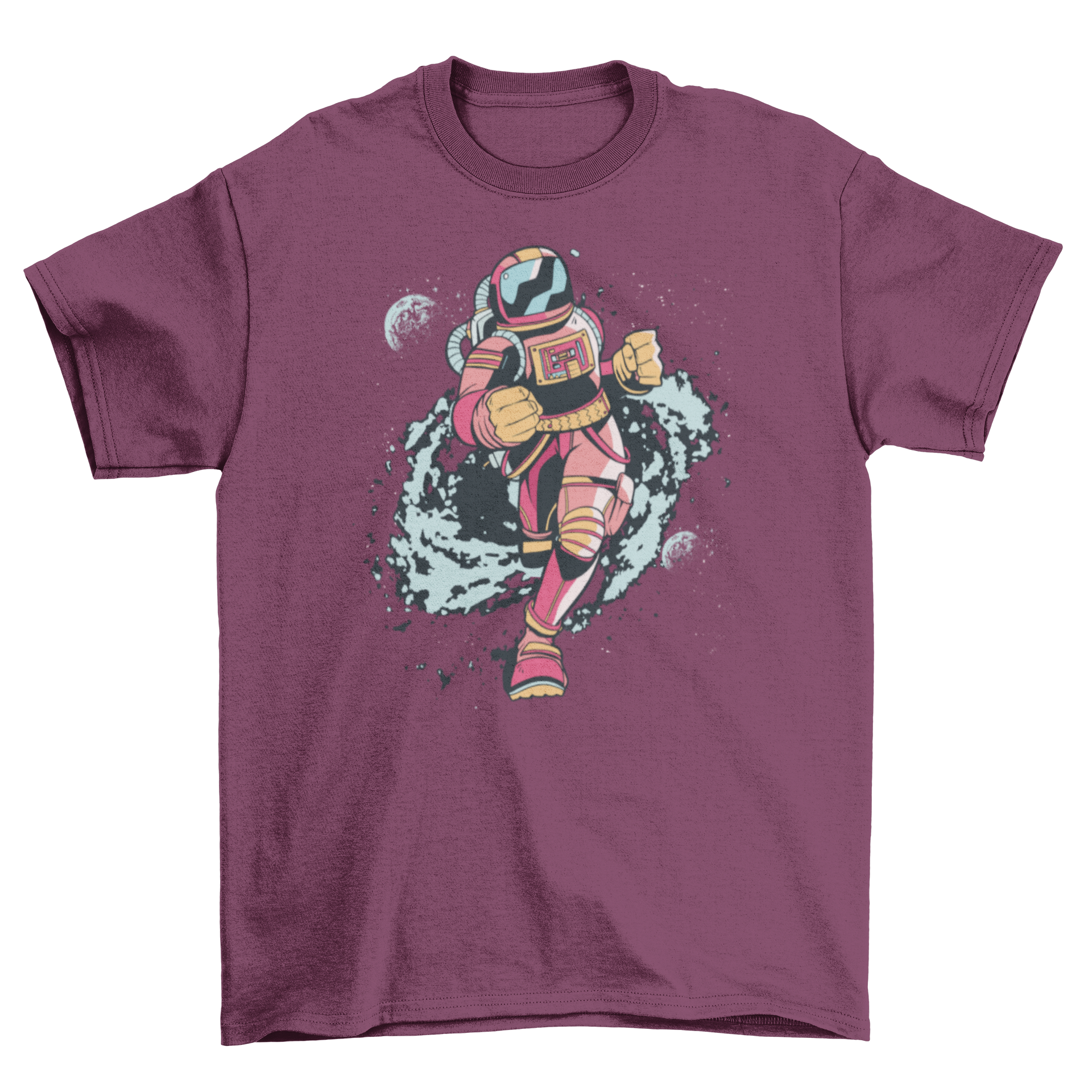 Spaceman Runner T-shirt featuring a spaceman running through a colorful space background.
