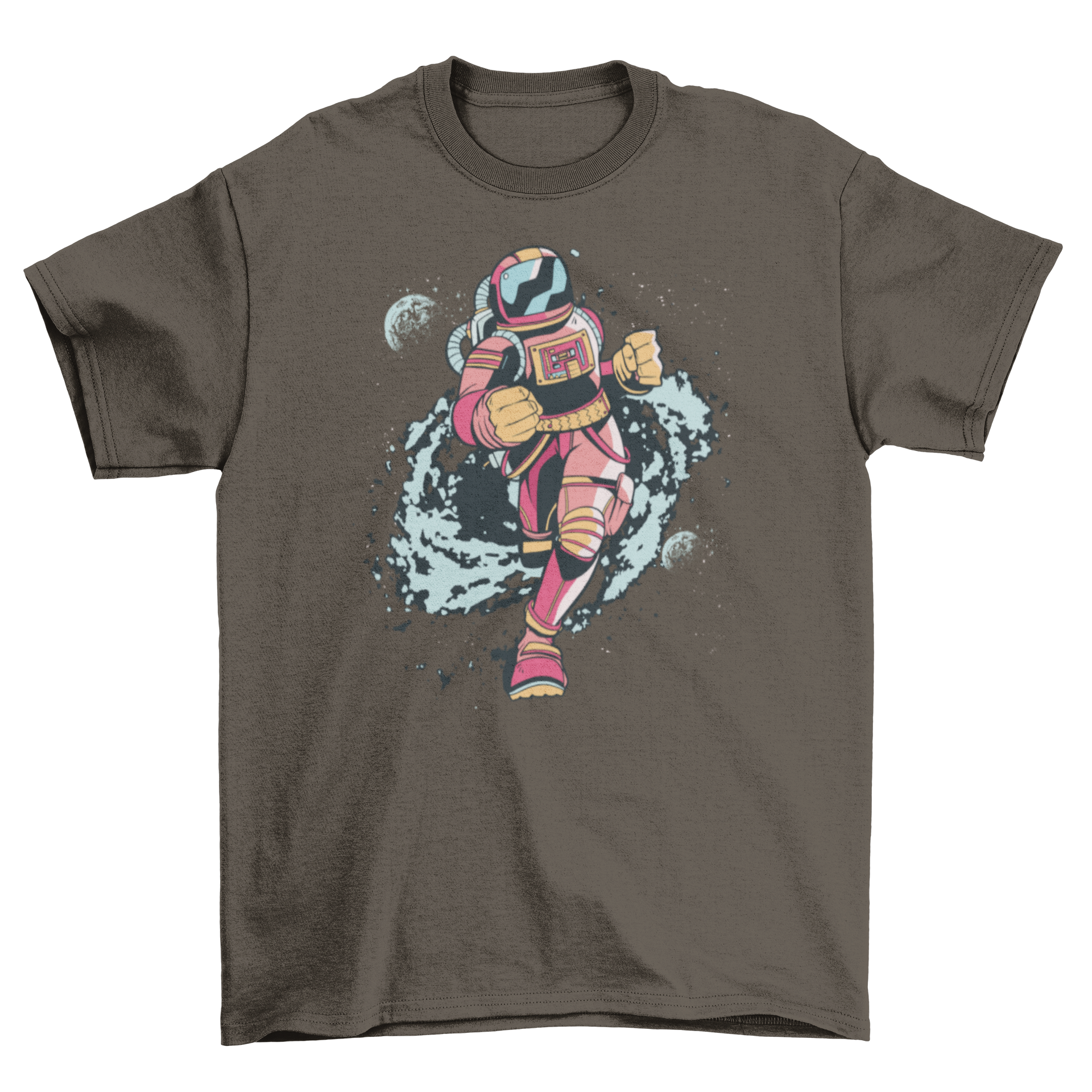 Spaceman Runner T-shirt featuring a spaceman running through a colorful space background.