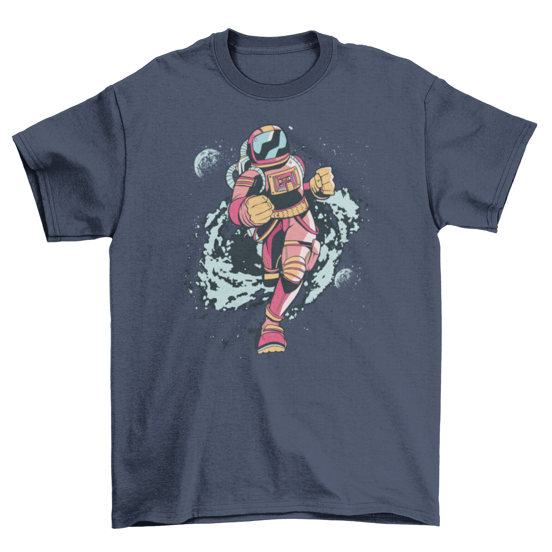 Spaceman Runner T-shirt featuring a spaceman running through a colorful space background.