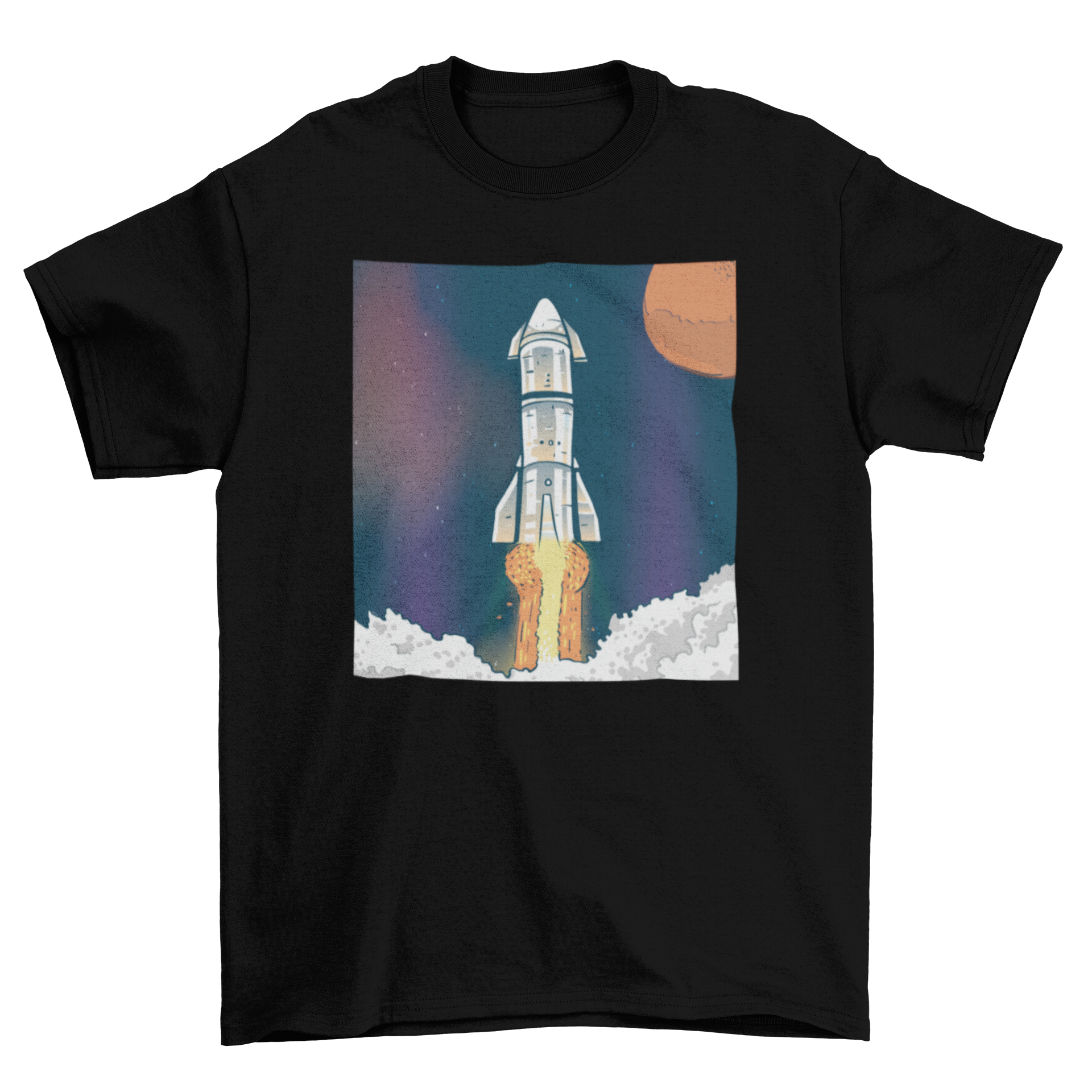 A stylish t-shirt featuring a vibrant illustration of a rocket launching into space, perfect for space lovers.