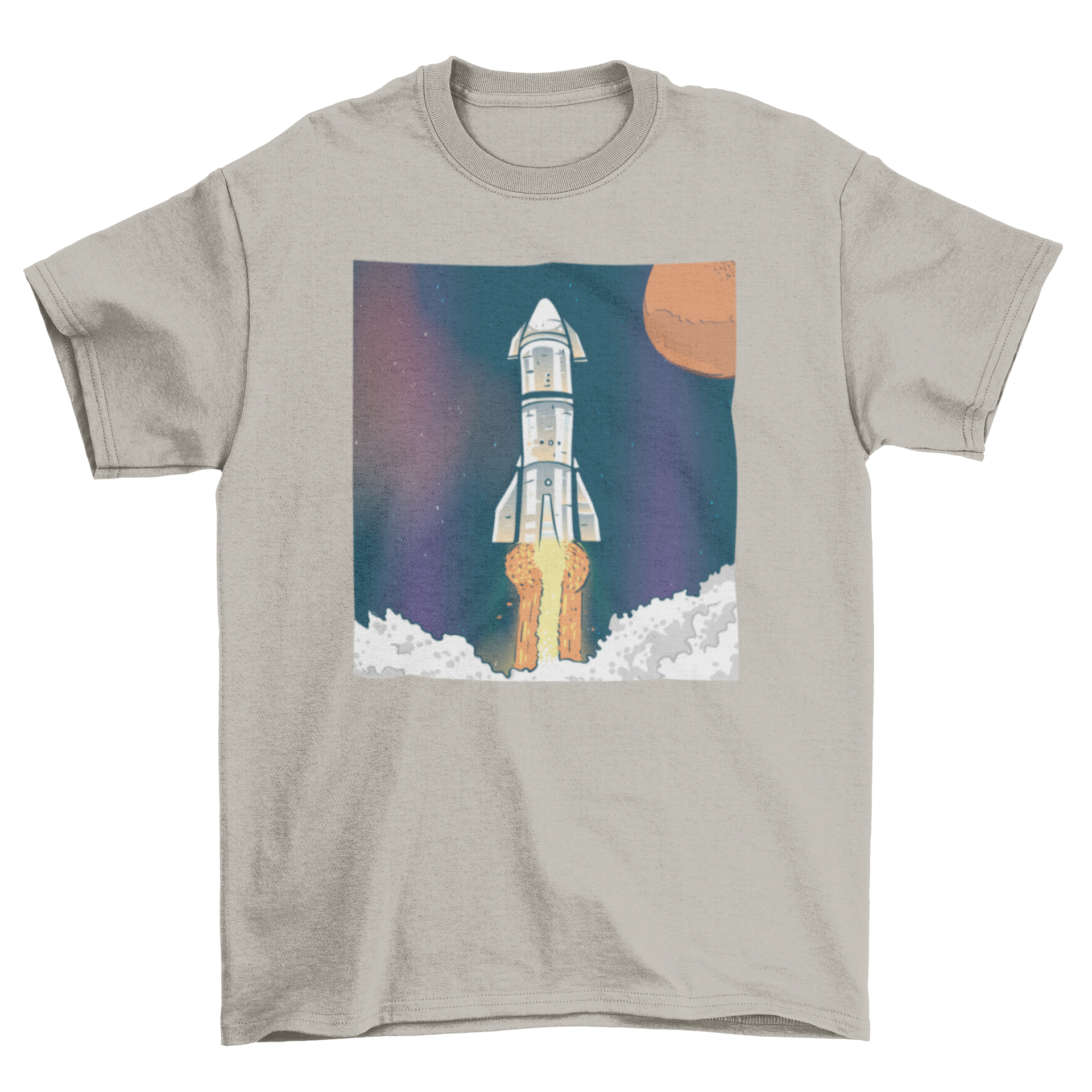 A stylish t-shirt featuring a vibrant illustration of a rocket launching into space, perfect for space lovers.