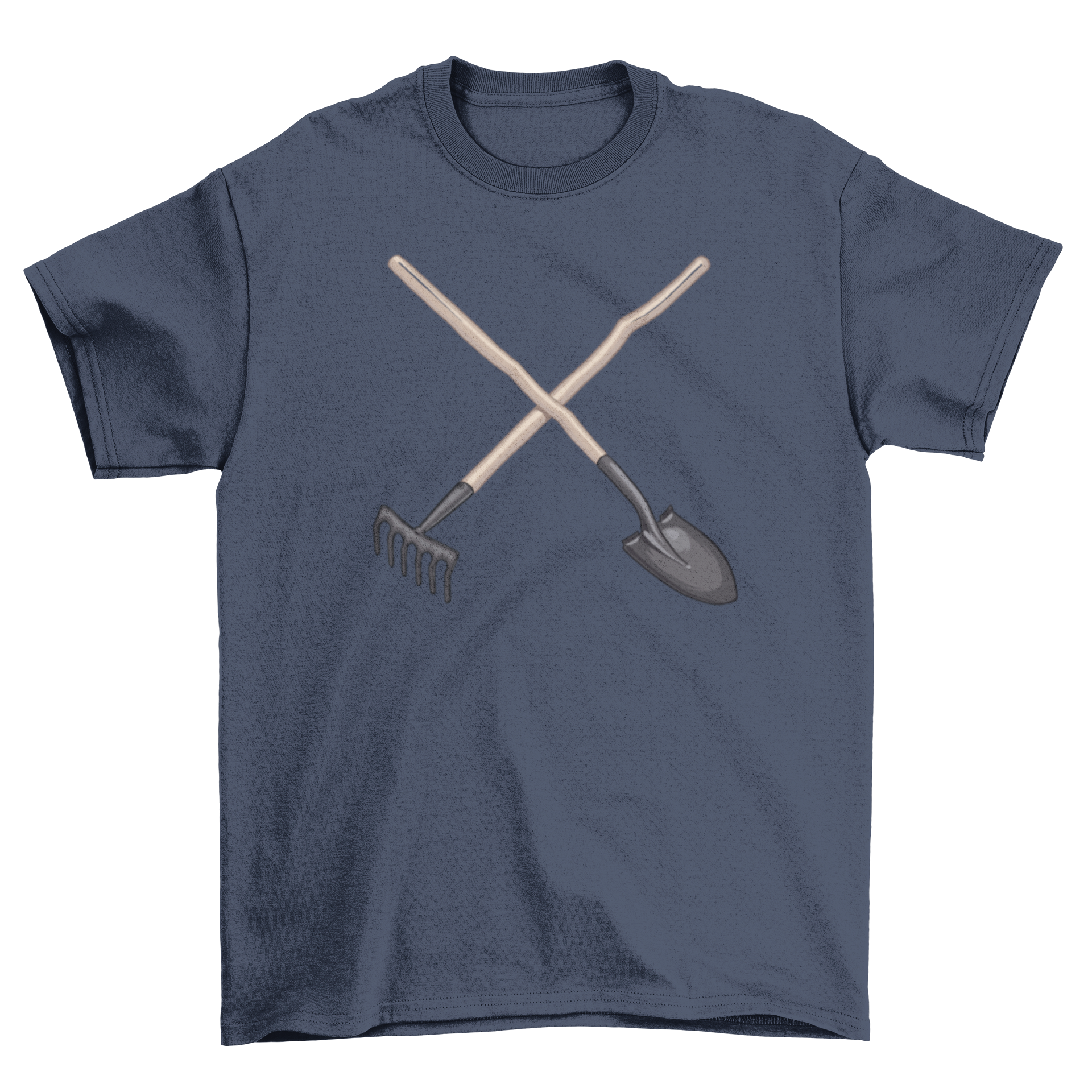 A stylish t-shirt featuring a unique illustration of a spade and rake crossed, symbolizing gardening passion.