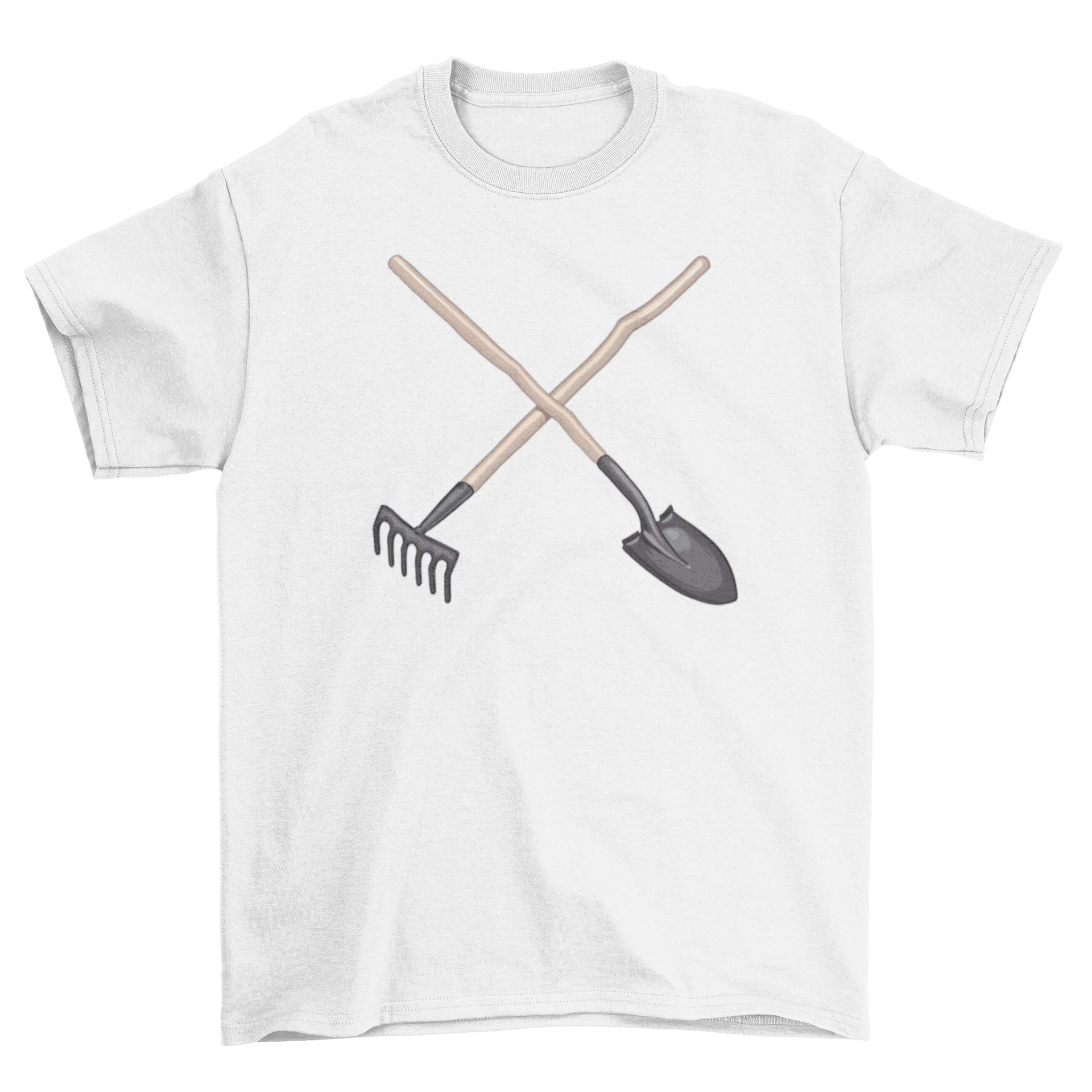 A stylish t-shirt featuring a unique illustration of a spade and rake crossed, symbolizing gardening passion.