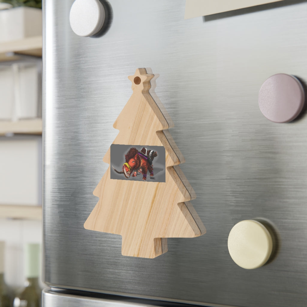 Spam the Death Mount Wooden Christmas Ornaments featuring whimsical shapes and a red ribbon for hanging, perfect for festive decor.