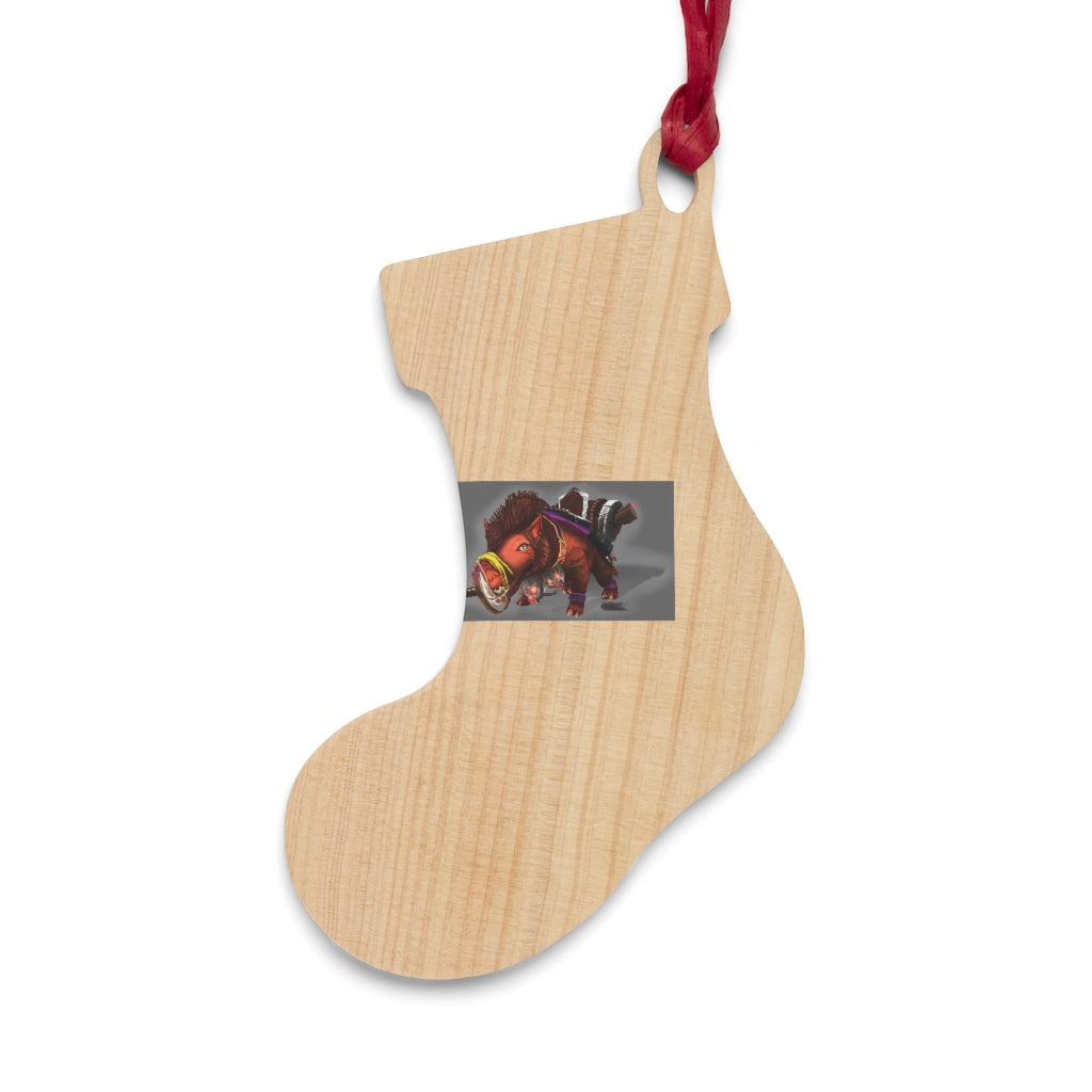 Spam the Death Mount Wooden Christmas Ornaments featuring whimsical shapes and a red ribbon for hanging, perfect for festive decor.