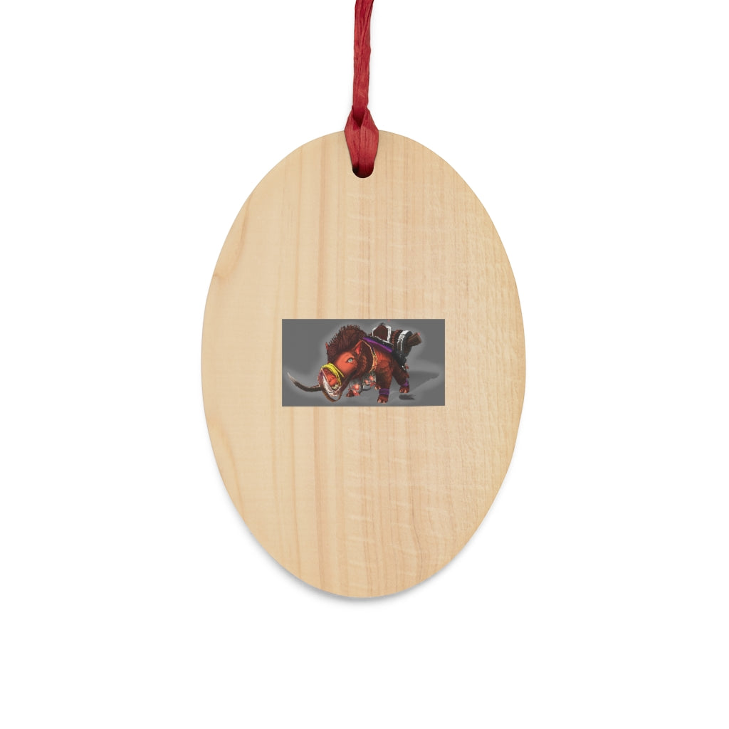 Spam the Death Mount Wooden Christmas Ornaments featuring whimsical shapes and a red ribbon for hanging, perfect for festive decor.