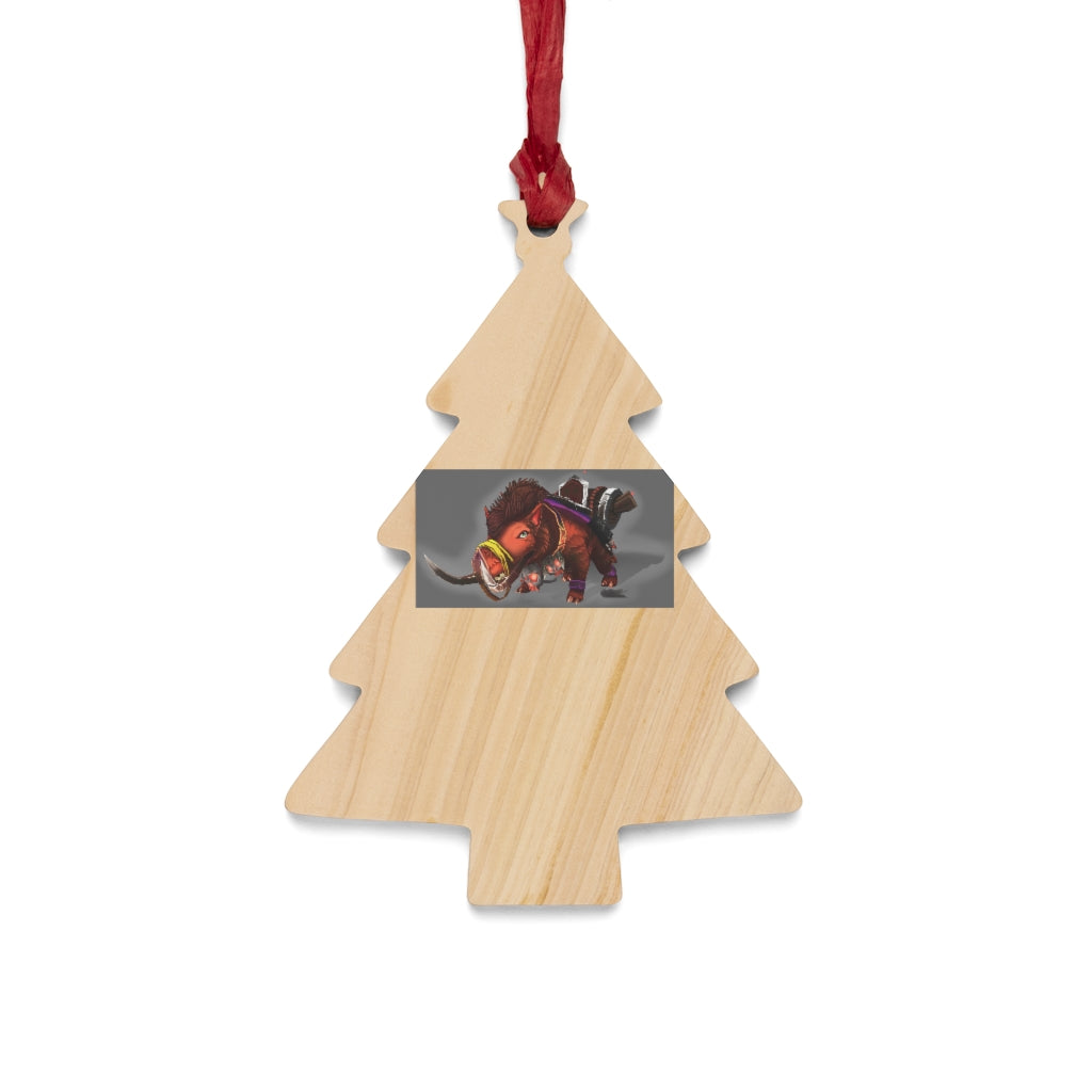 Spam the Death Mount Wooden Christmas Ornaments featuring whimsical shapes and a red ribbon for hanging, perfect for festive decor.