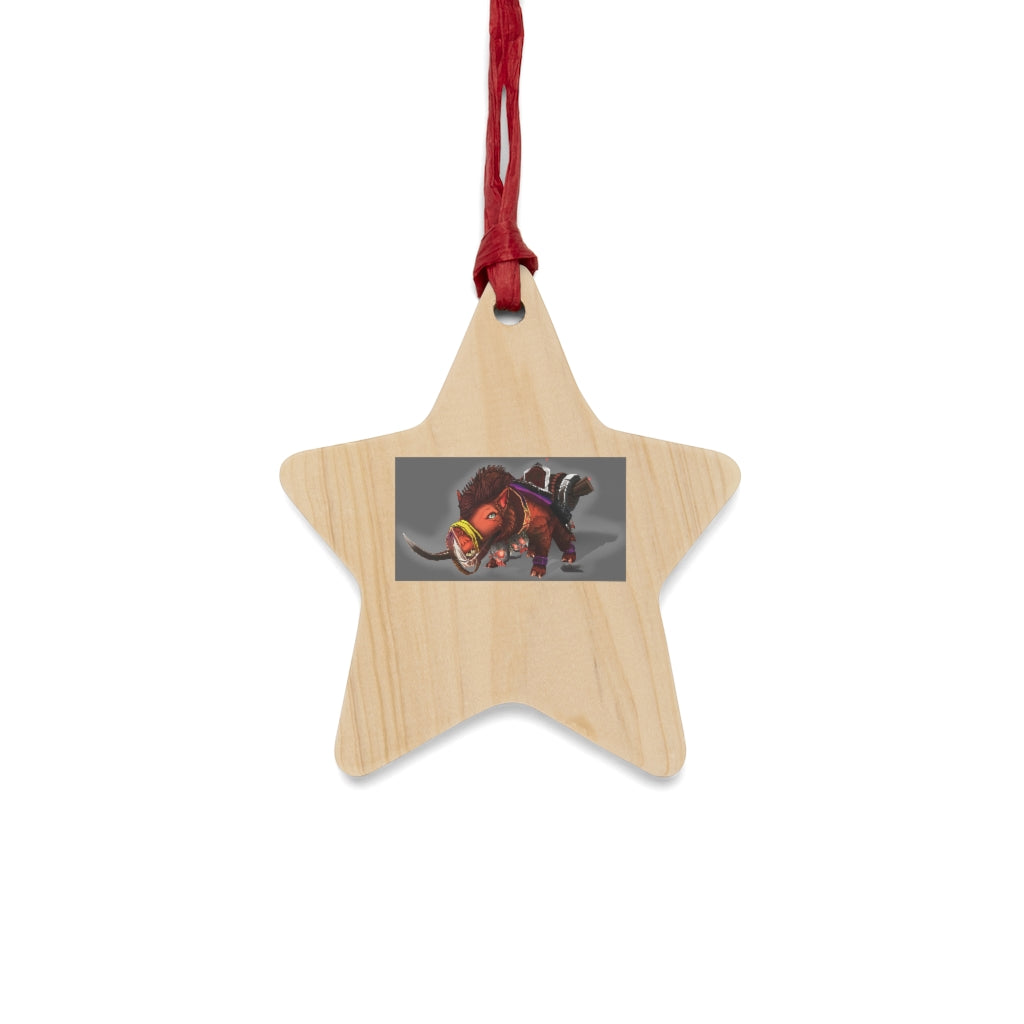 Spam the Death Mount Wooden Christmas Ornaments featuring whimsical shapes and a red ribbon for hanging, perfect for festive decor.