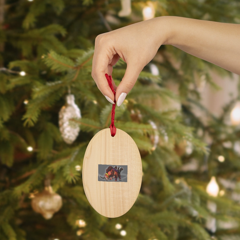 Spam the Death Mount Wooden Christmas Ornaments featuring whimsical shapes and a red ribbon for hanging, perfect for festive decor.