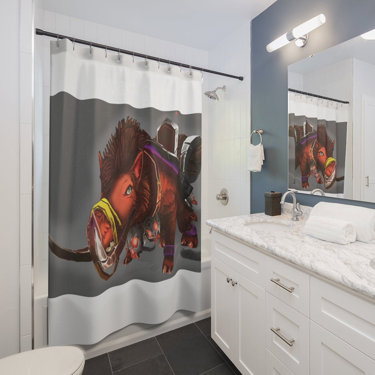 Spams the Death Mount Shower Curtain featuring a vibrant design on durable polyester fabric.