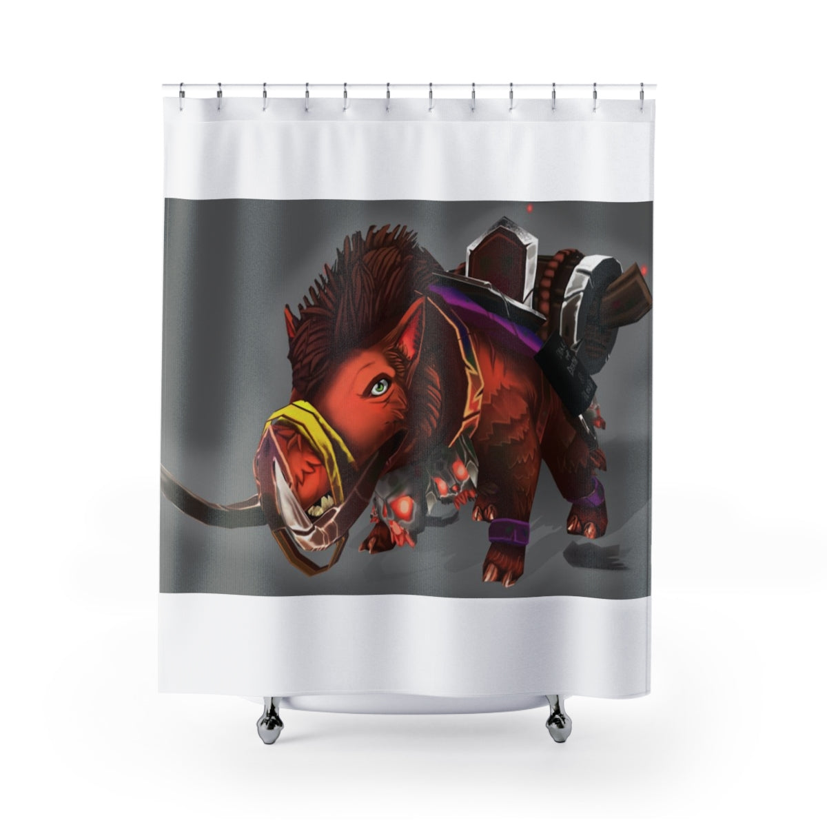 Spams the Death Mount Shower Curtain featuring a vibrant design on durable polyester fabric.