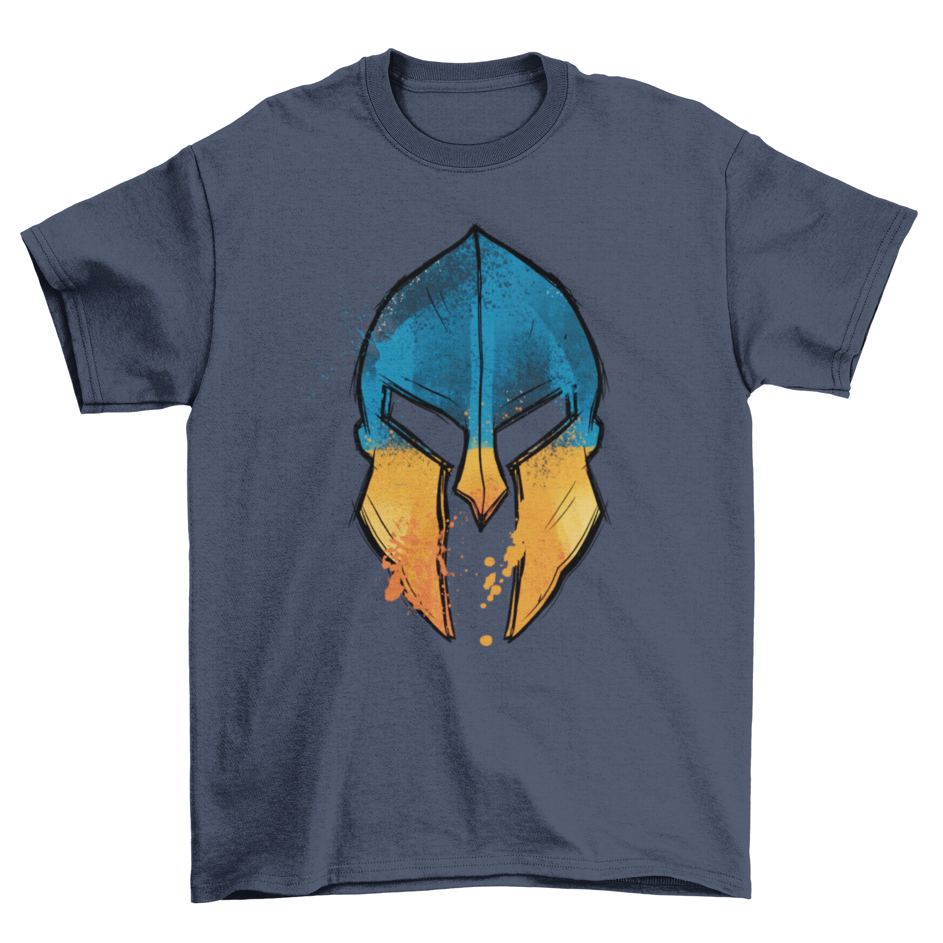 A stylish t-shirt featuring a Spartan helmet design with the Ukrainian flag colors, perfect for casual wear.