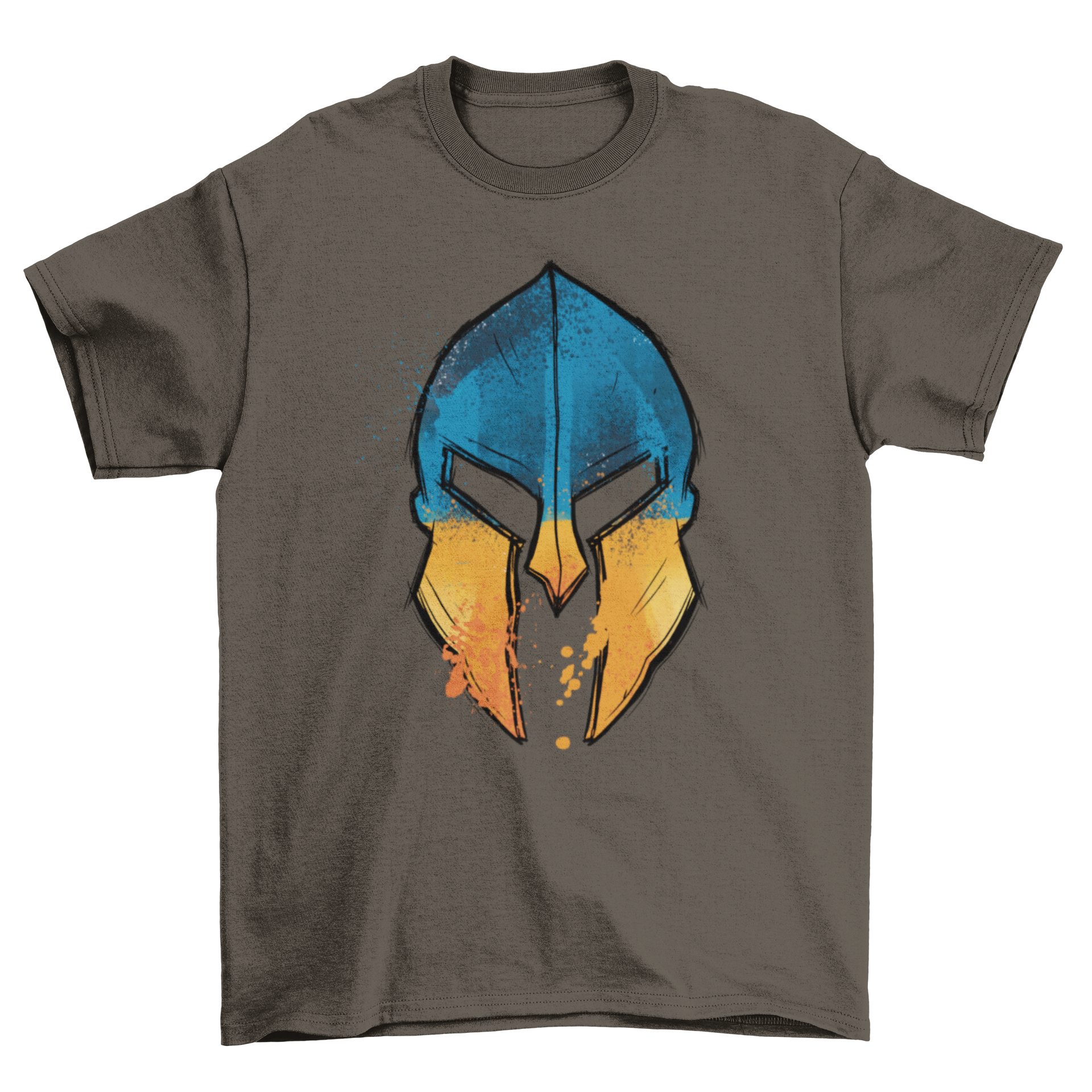 A stylish t-shirt featuring a Spartan helmet design with the Ukrainian flag colors, perfect for casual wear.