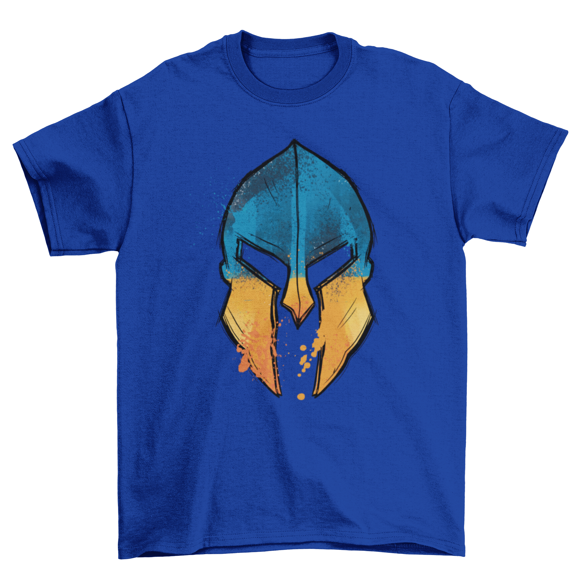 A stylish t-shirt featuring a Spartan helmet design with the Ukrainian flag colors, perfect for casual wear.