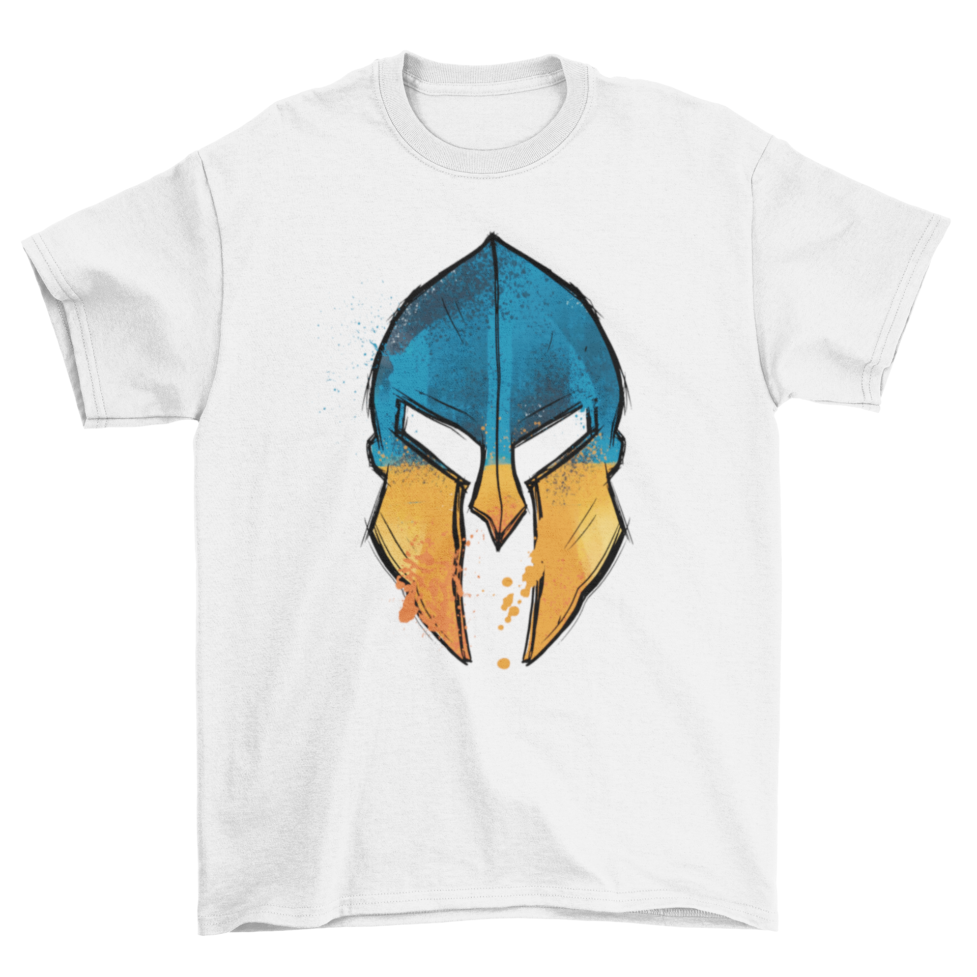 A stylish t-shirt featuring a Spartan helmet design with the Ukrainian flag colors, perfect for casual wear.